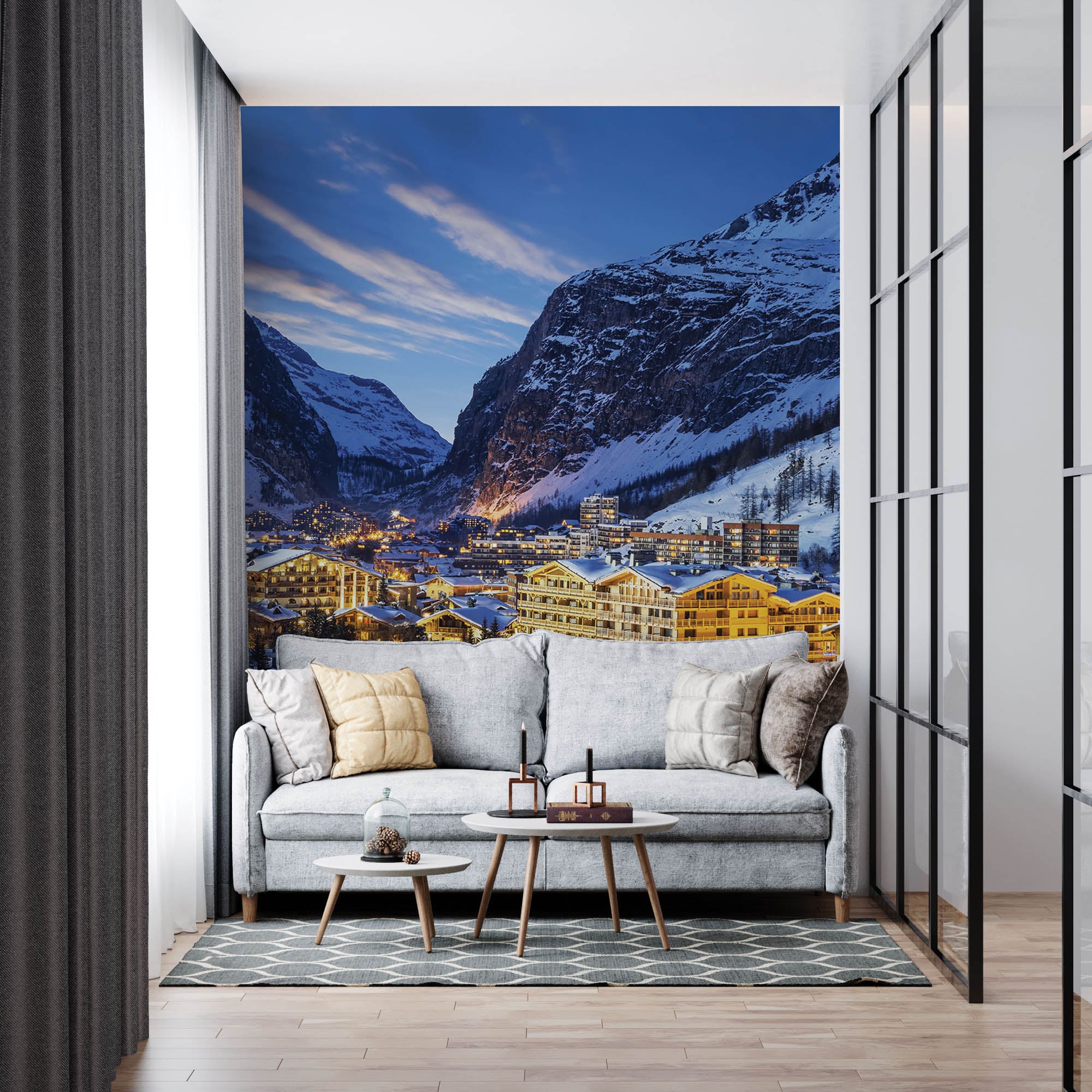 Avondlandschap skioord en alpen - LW00110 Fotobehang