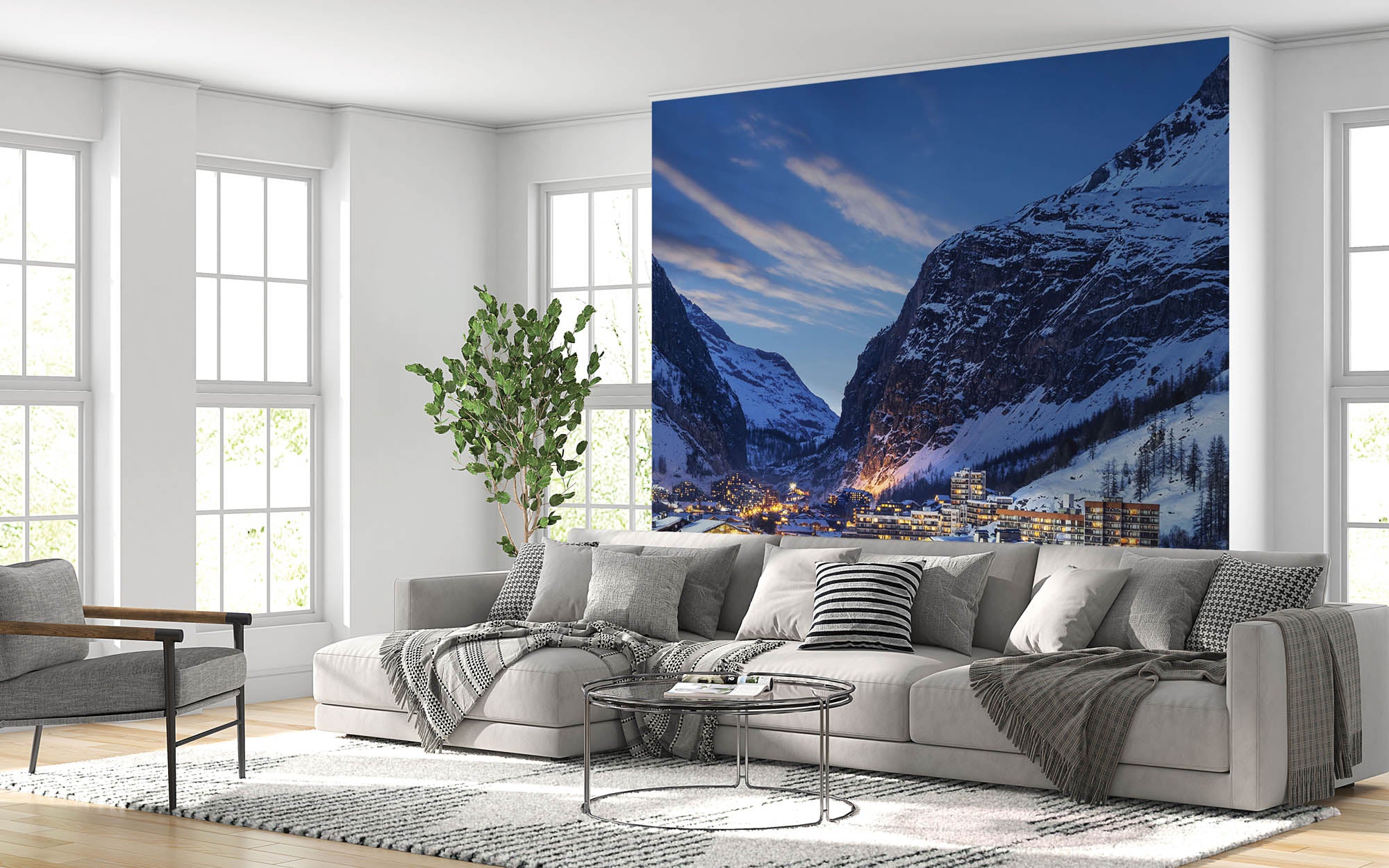 Avondlandschap skioord en alpen - LW00110 Fotobehang