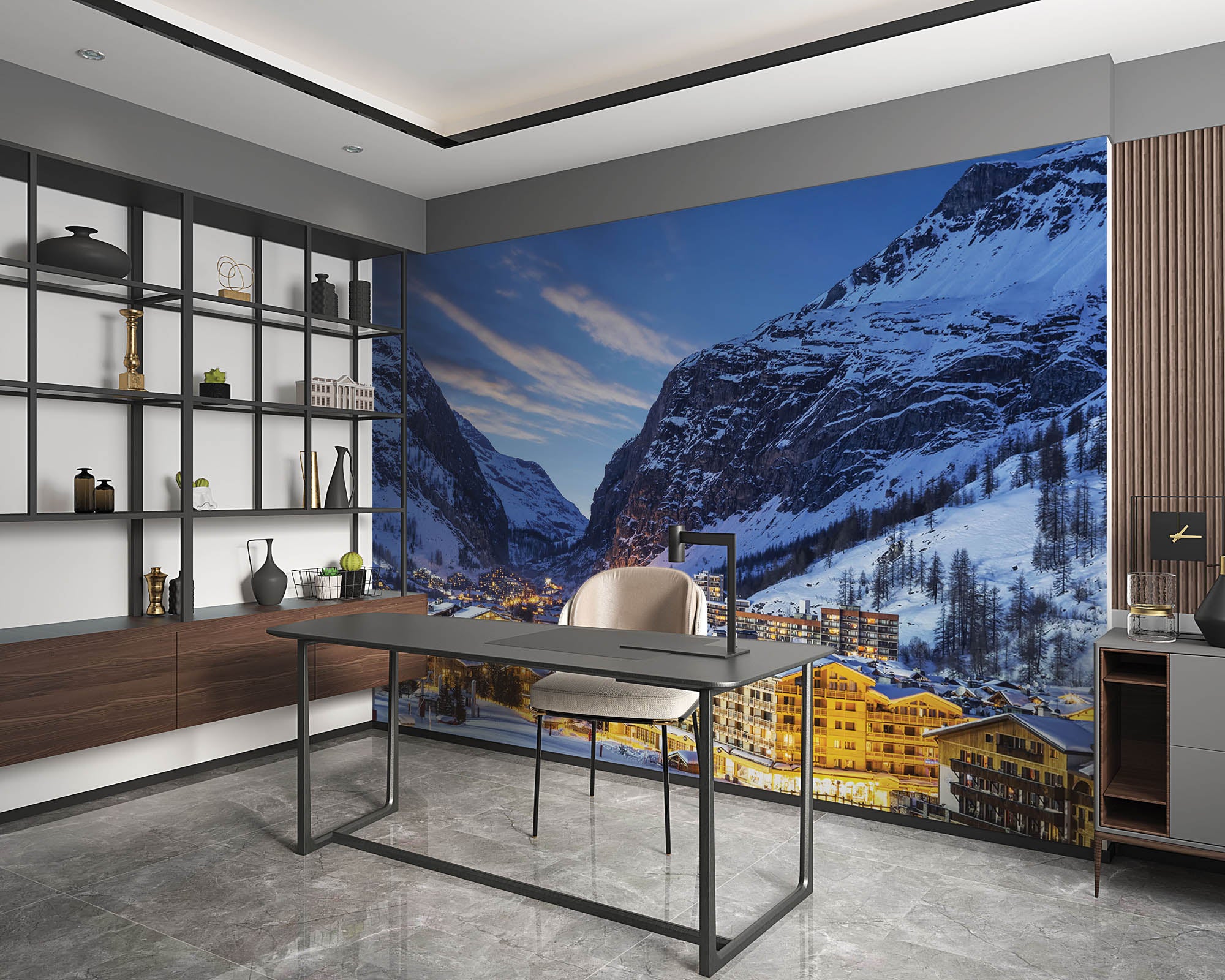 Avondlandschap skioord en alpen - LW00110 Fotobehang