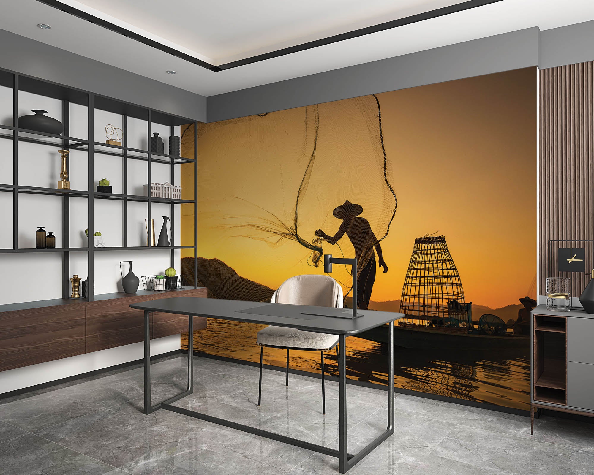 Aziatische visser werpt net  - LW00060 Fotobehang