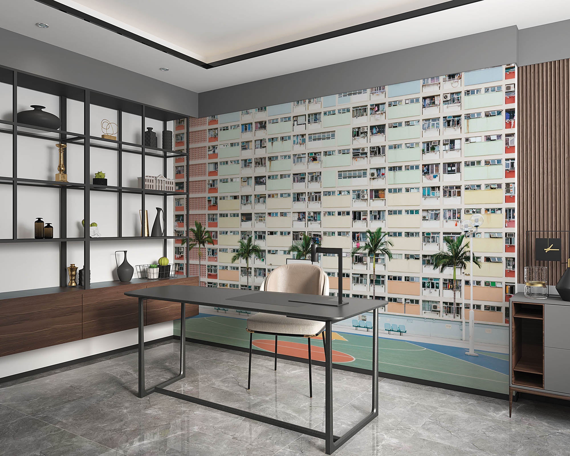 Basketbalveld in pasteltint - LW00431 Fotobehang