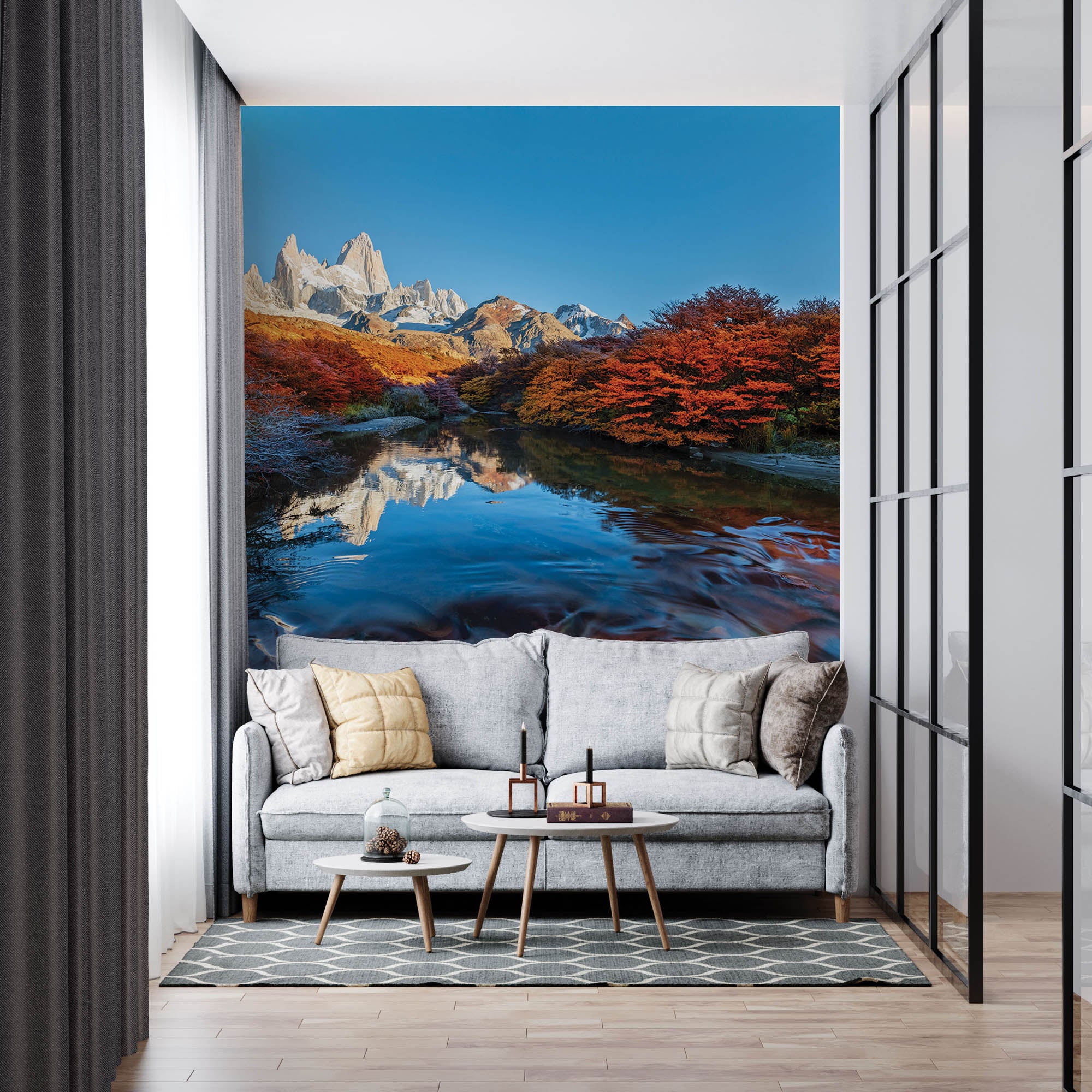 Bergen in kleurrijk landschap met weerspiegeling in water  - LW00275 Fotobehang