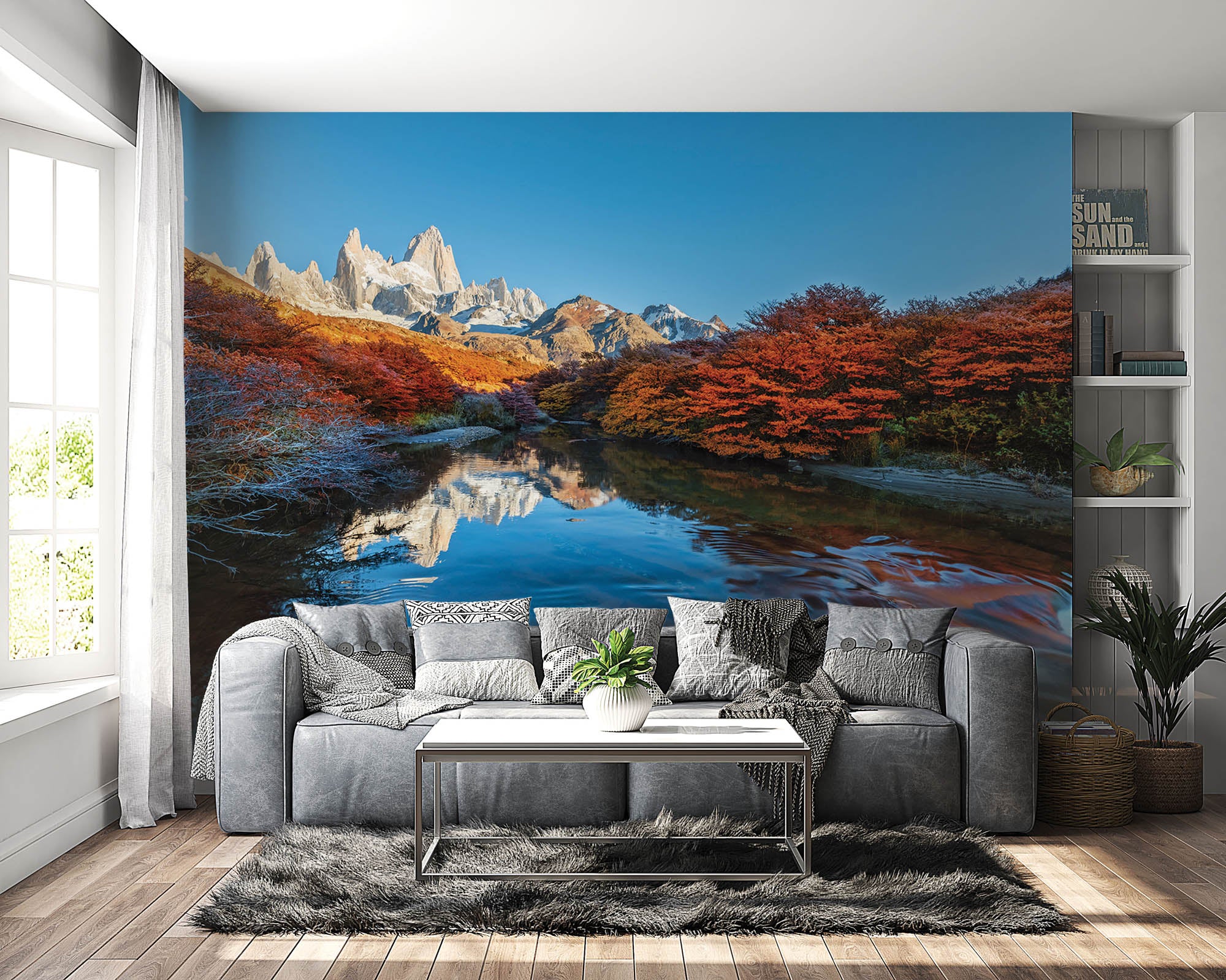 Bergen in kleurrijk landschap met weerspiegeling in water  - LW00275 Fotobehang