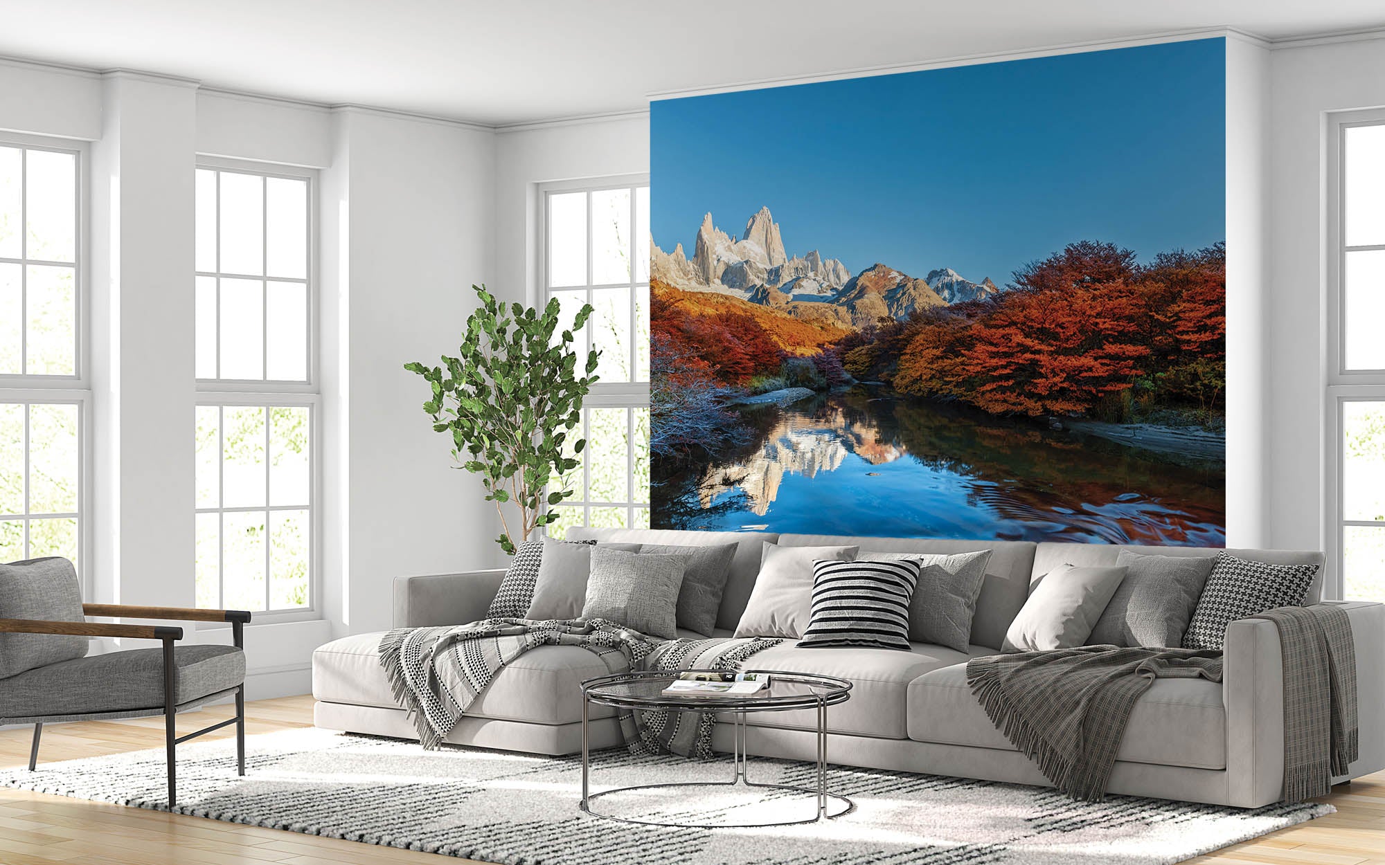 Bergen in kleurrijk landschap met weerspiegeling in water  - LW00275 Fotobehang