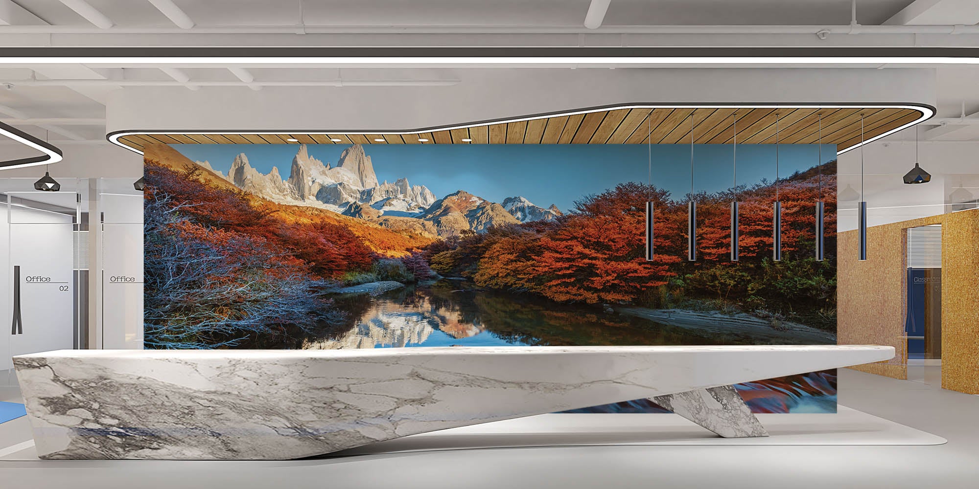 Bergen in kleurrijk landschap met weerspiegeling in water  - LW00275 Fotobehang