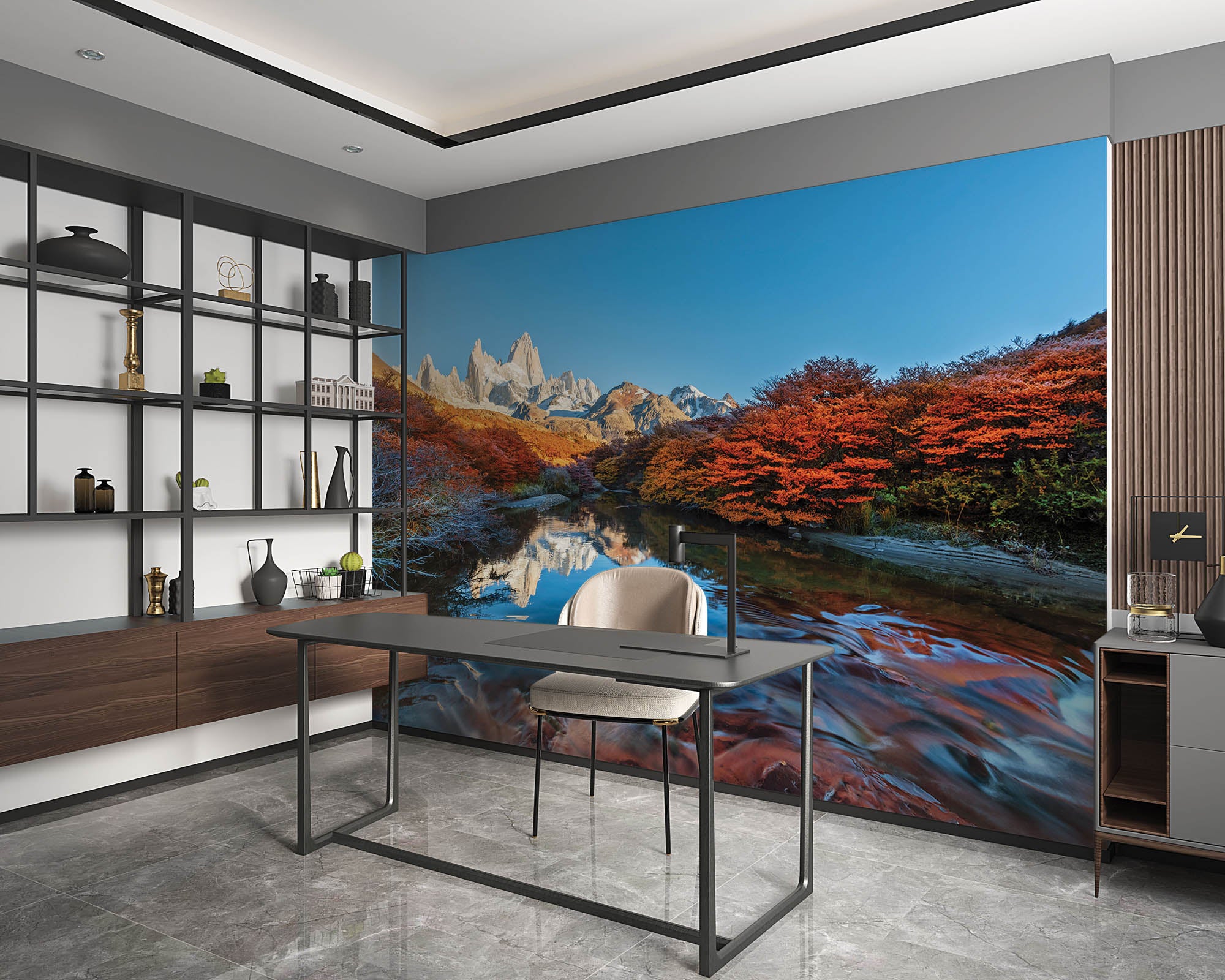 Bergen in kleurrijk landschap met weerspiegeling in water  - LW00275 Fotobehang