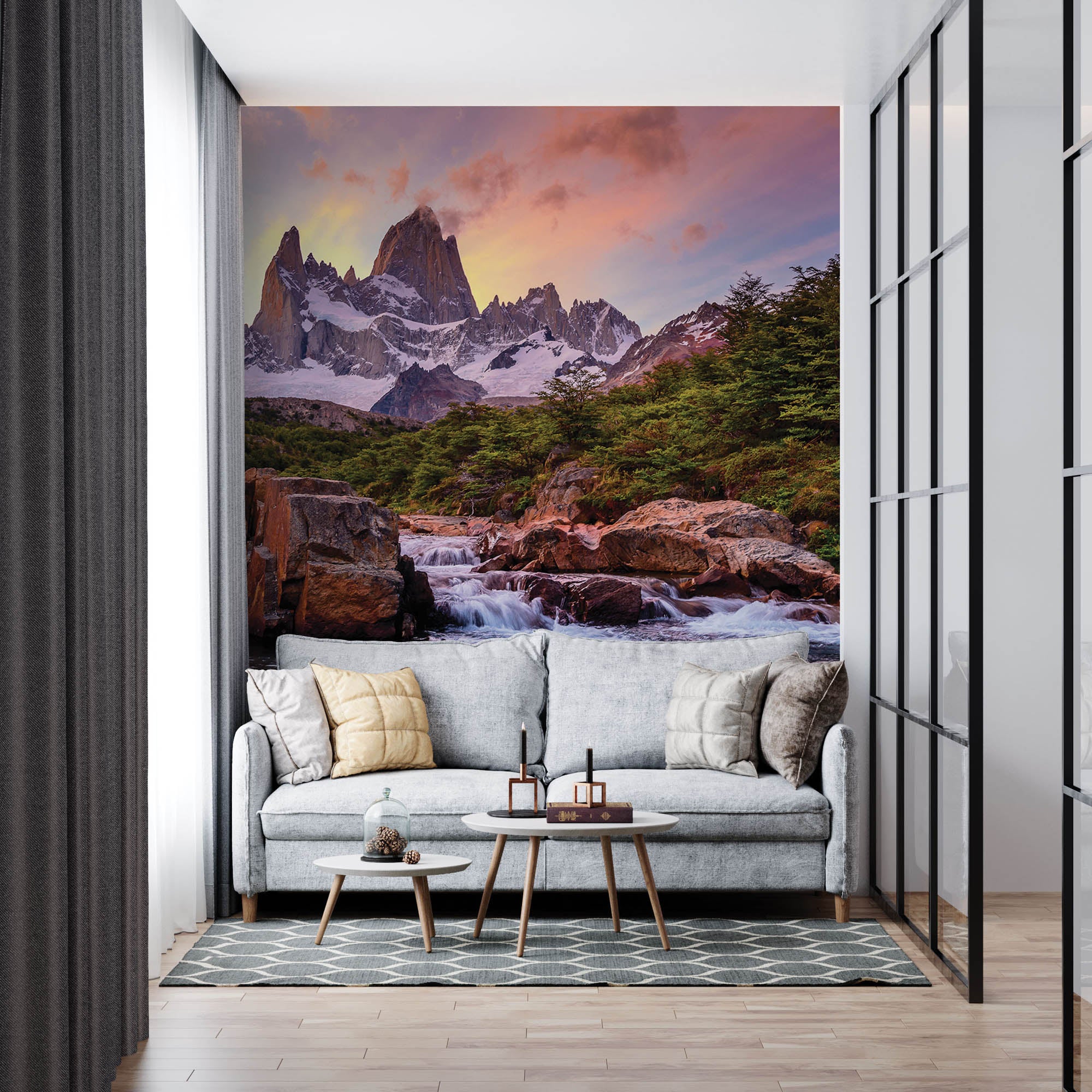 Besneeuwde bergtoppen met waterval  - LW00274 Fotobehang