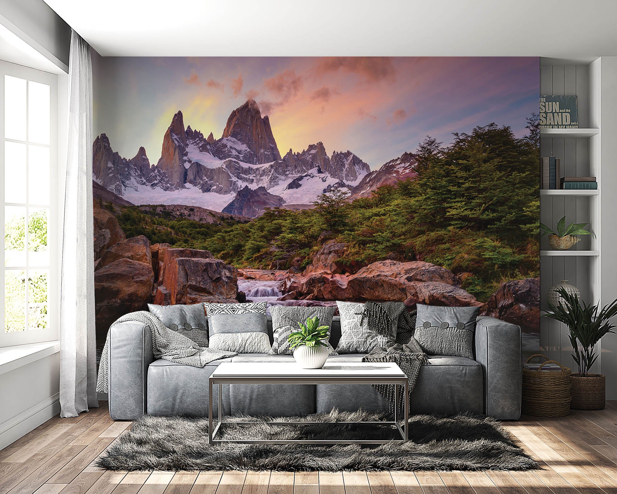 Besneeuwde bergtoppen met waterval  - LW00274 Fotobehang