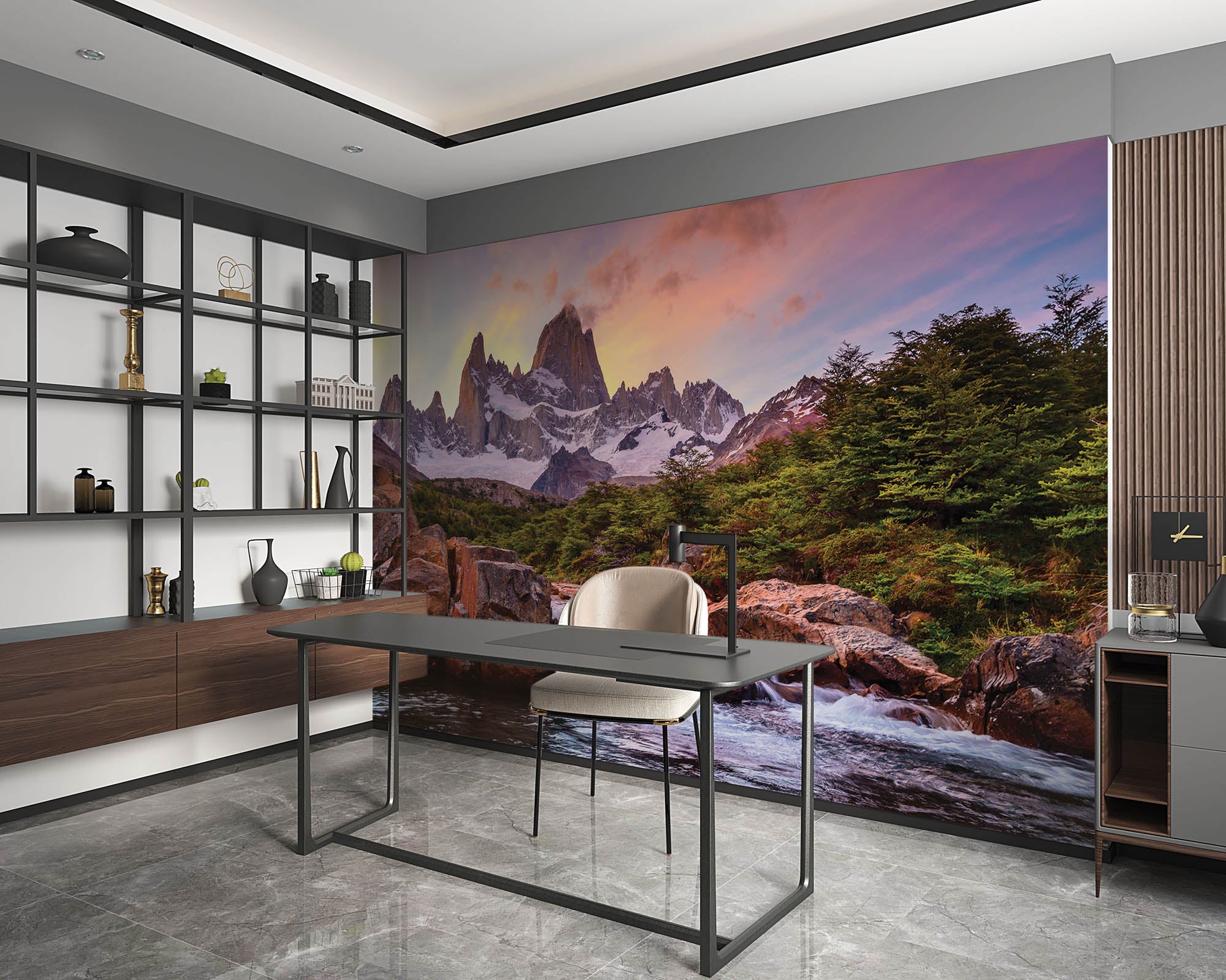 Besneeuwde bergtoppen met waterval  - LW00274 Fotobehang