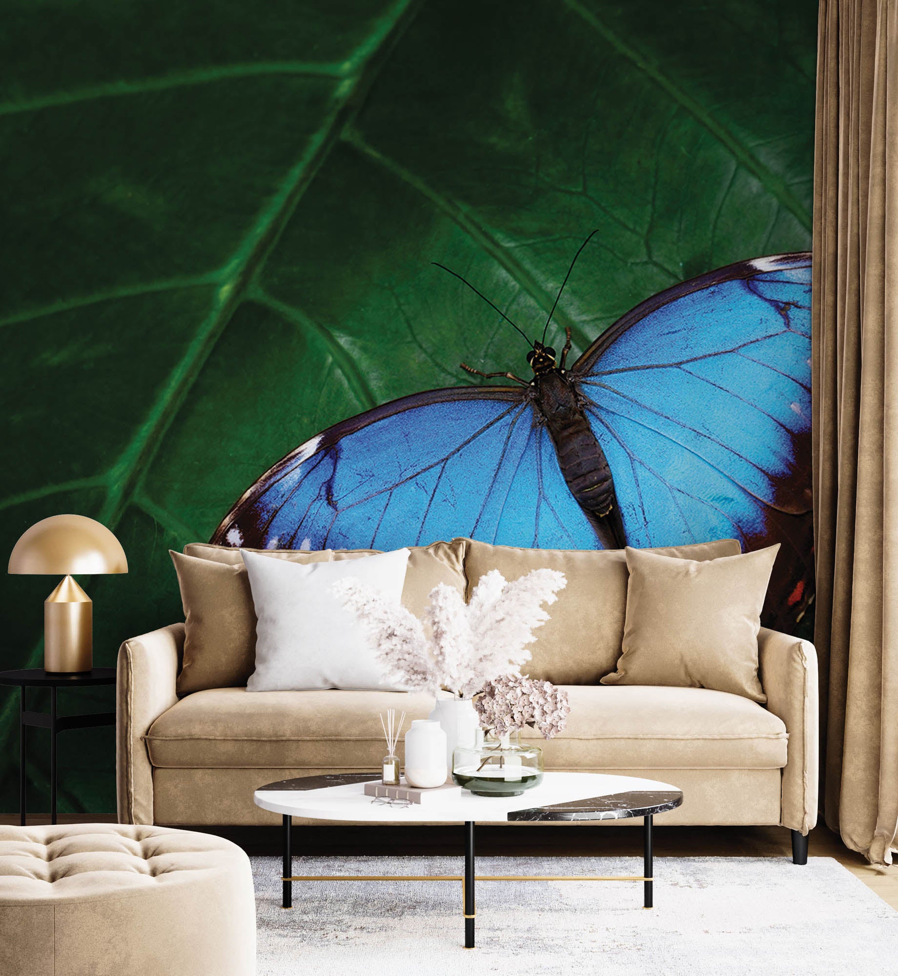 Blauwe vlinder op blad - LW00172 Fotobehang