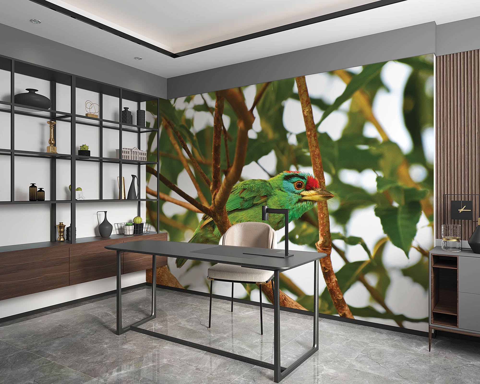 Blauwkeelbaardvogel op tak  - LW00198 Fotobehang