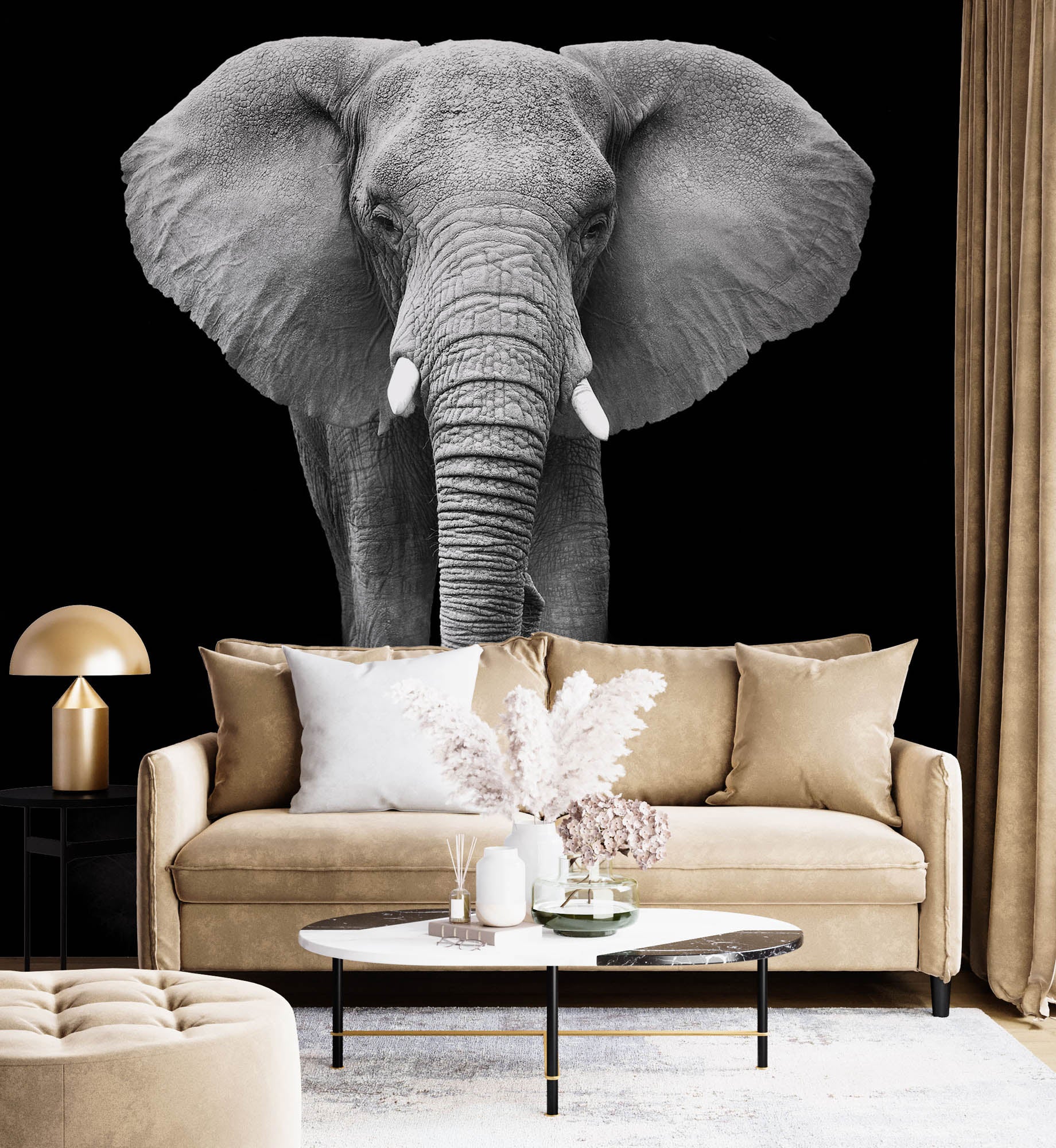 Een olifant verlicht op zwarte achtergrond- LW00211 Fotobehang