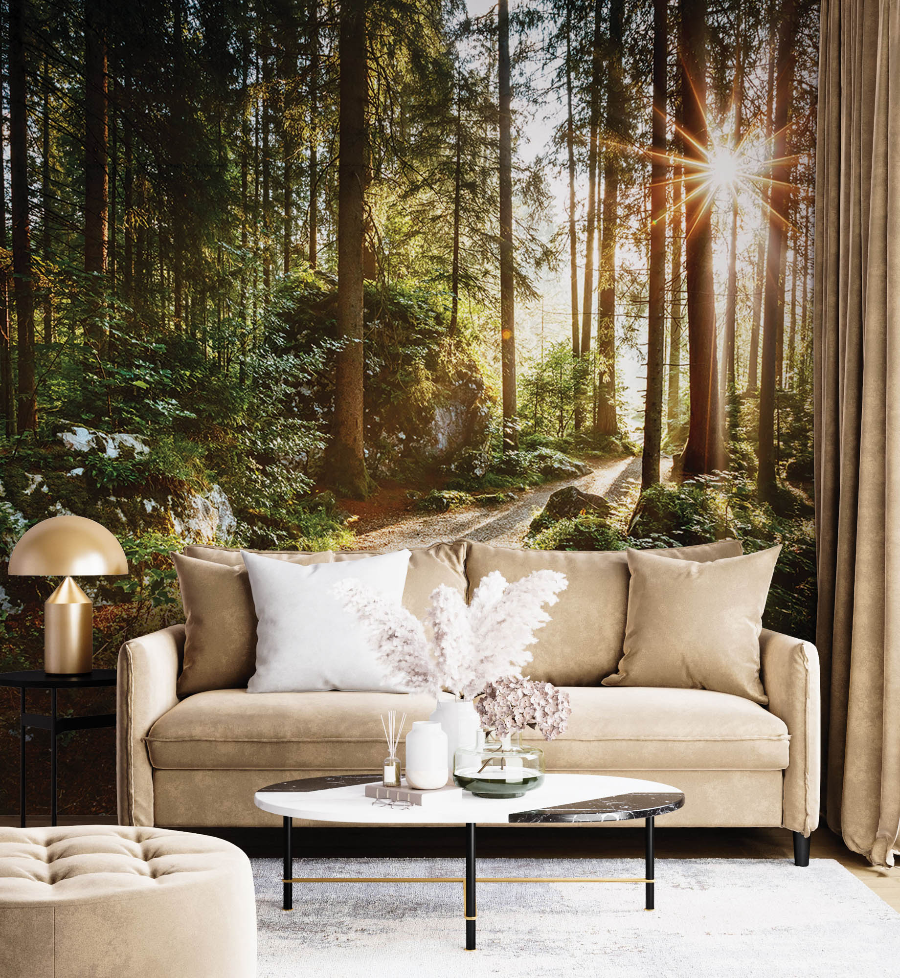 Een pad door groen bos met zonnestralen - LW00271 Fotobehang