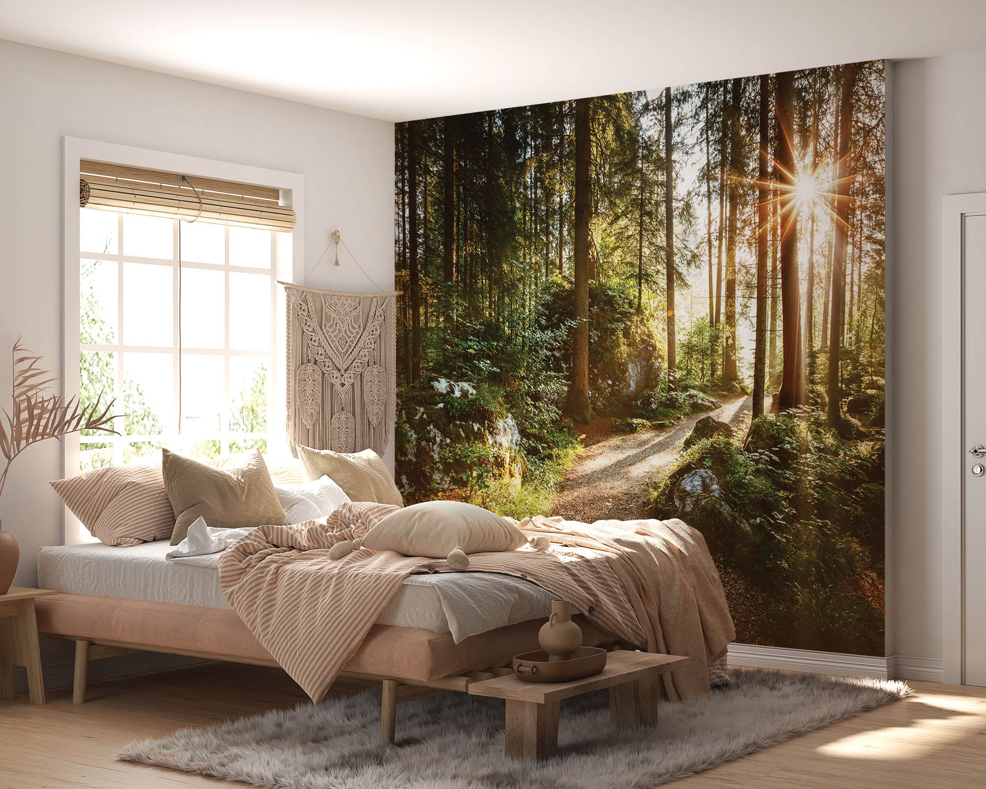 Een pad door groen bos met zonnestralen - LW00271 Fotobehang