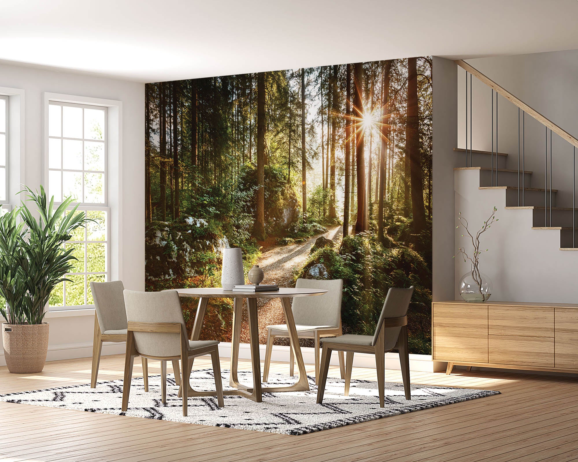 Een pad door groen bos met zonnestralen - LW00271 Fotobehang