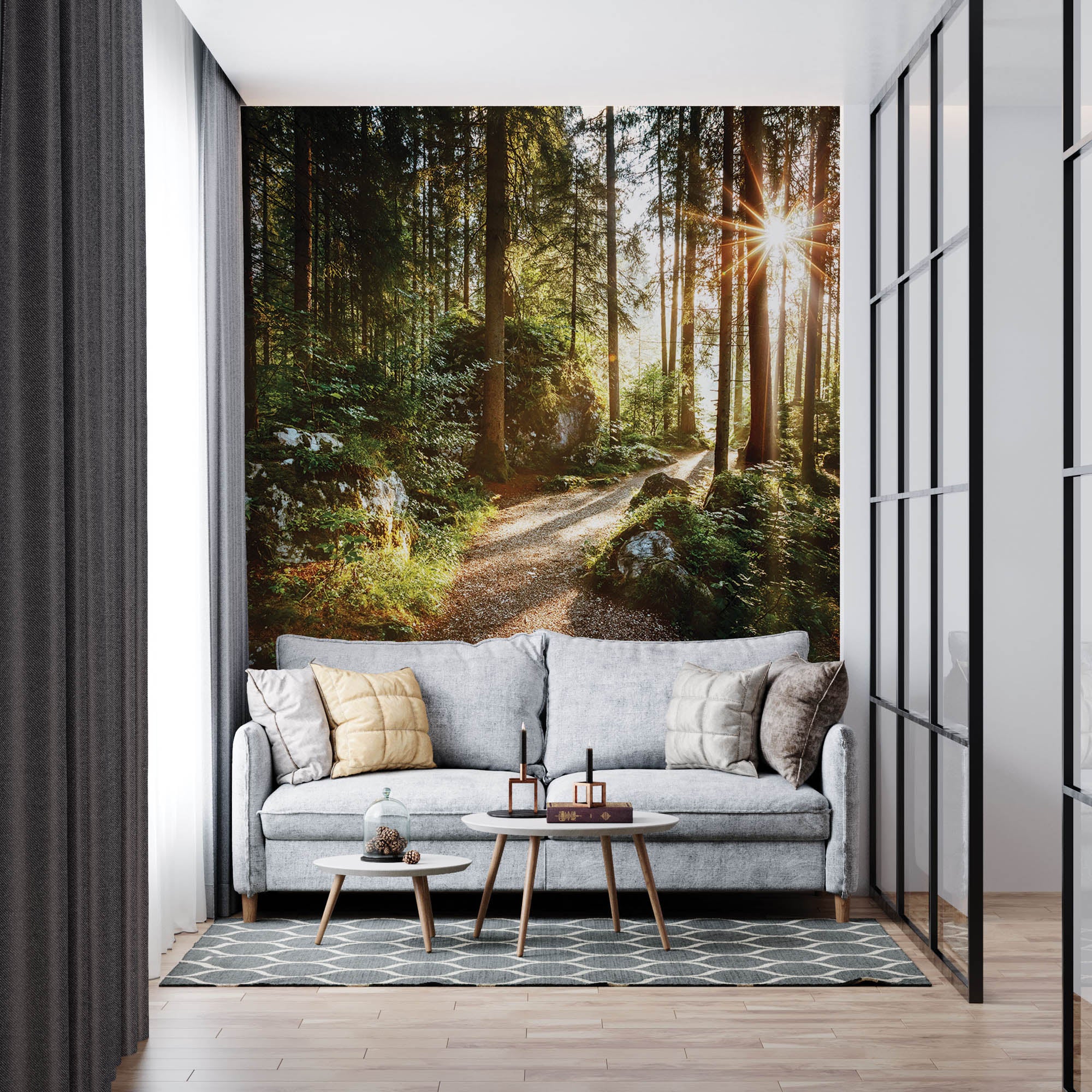 Een pad door groen bos met zonnestralen - LW00271 Fotobehang