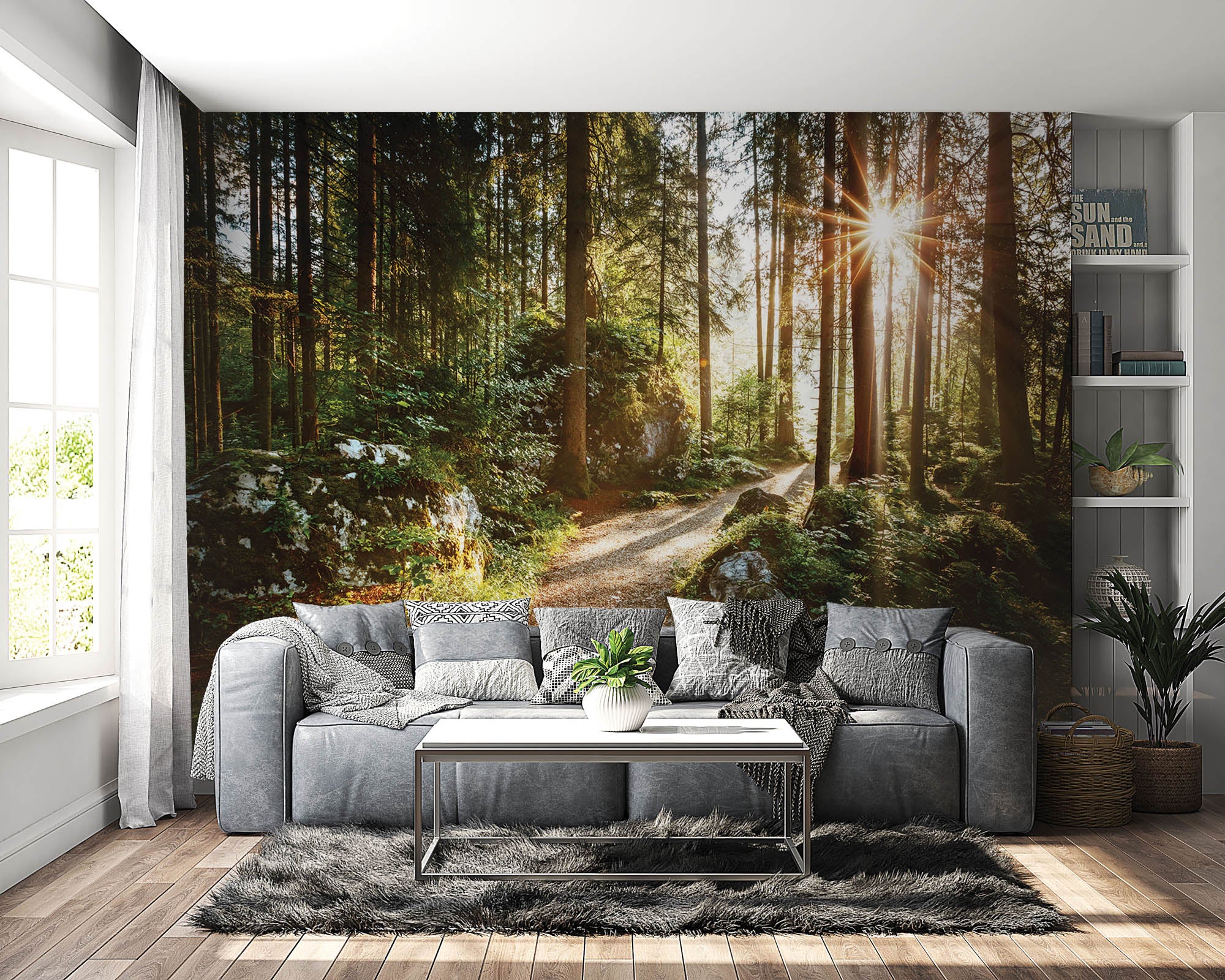 Een pad door groen bos met zonnestralen - LW00271 Fotobehang