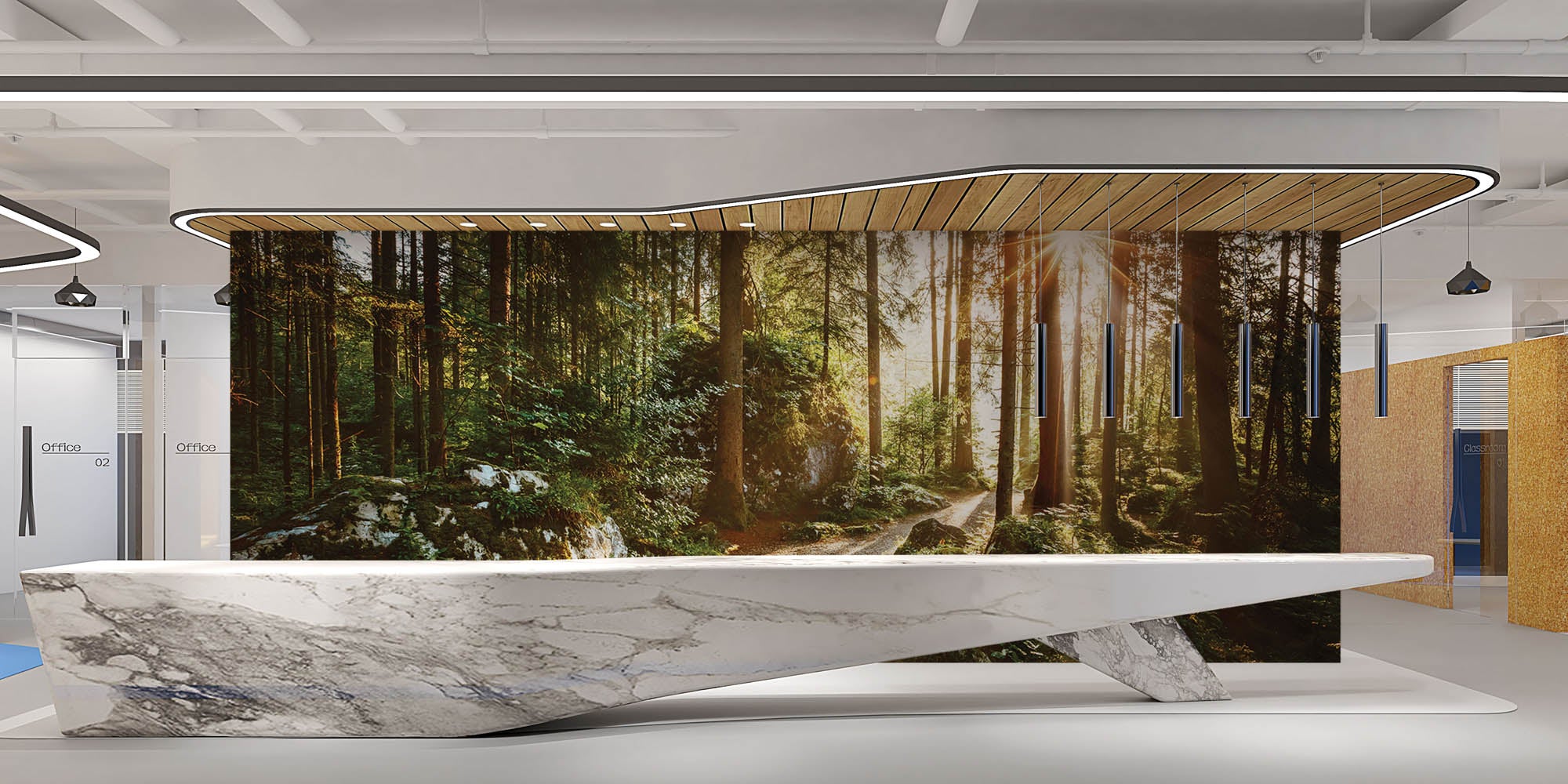 Een pad door groen bos met zonnestralen - LW00271 Fotobehang