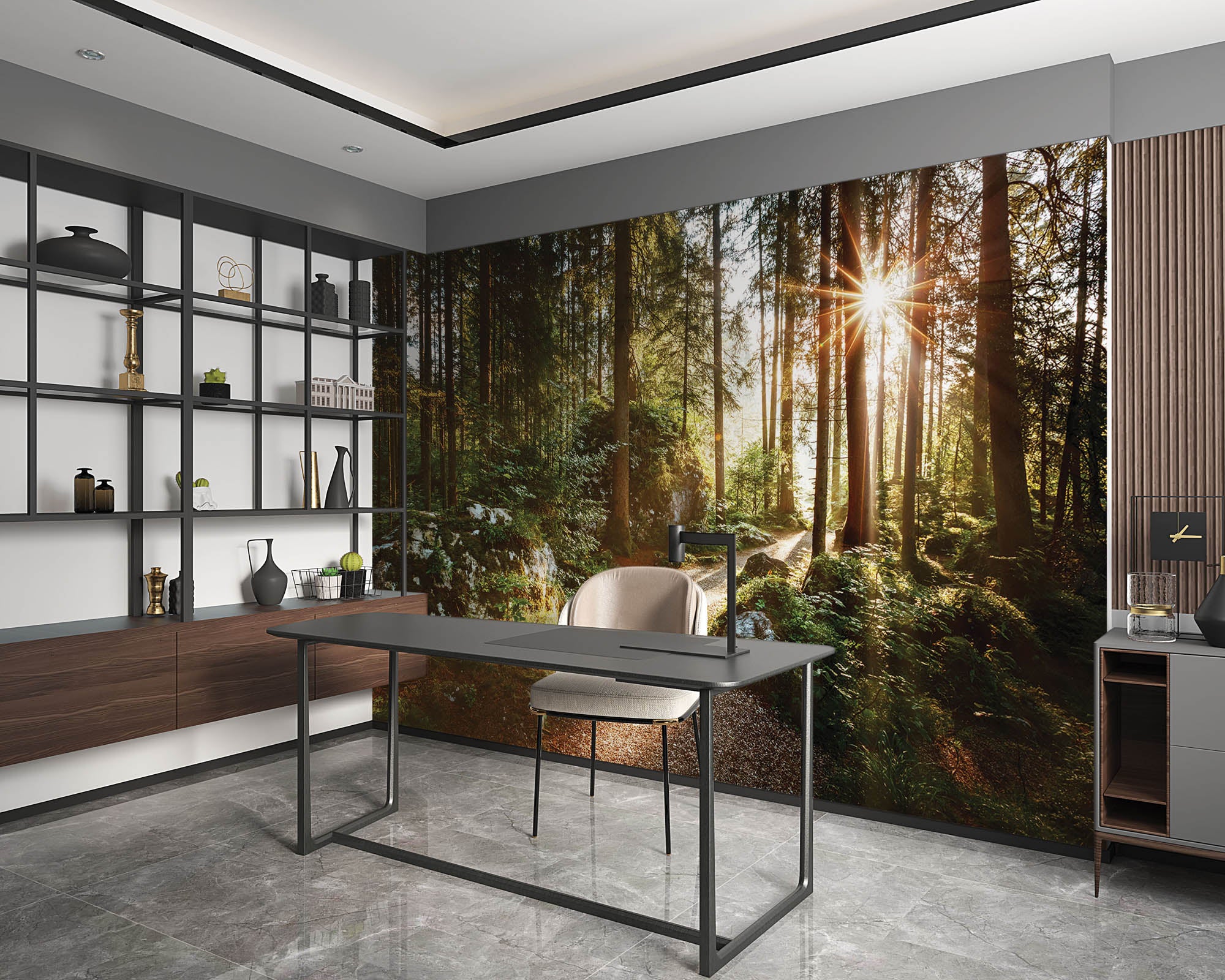 Een pad door groen bos met zonnestralen - LW00271 Fotobehang