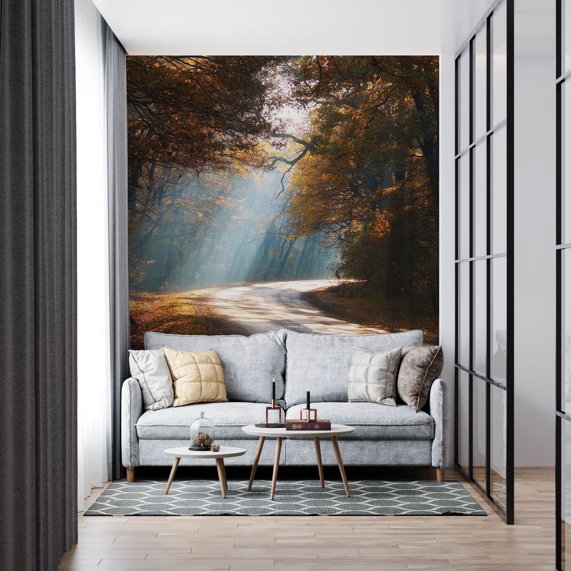 Een weg door mistig herfstbos  - LW00259 Fotobehang