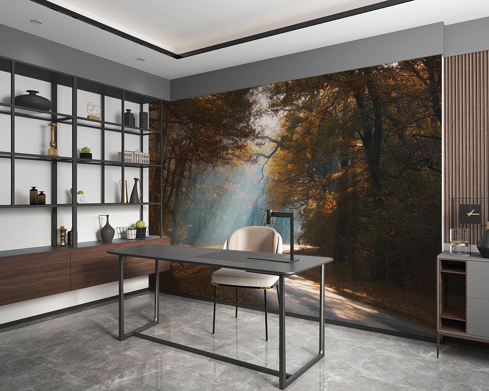 Een weg door mistig herfstbos  - LW00259 Fotobehang