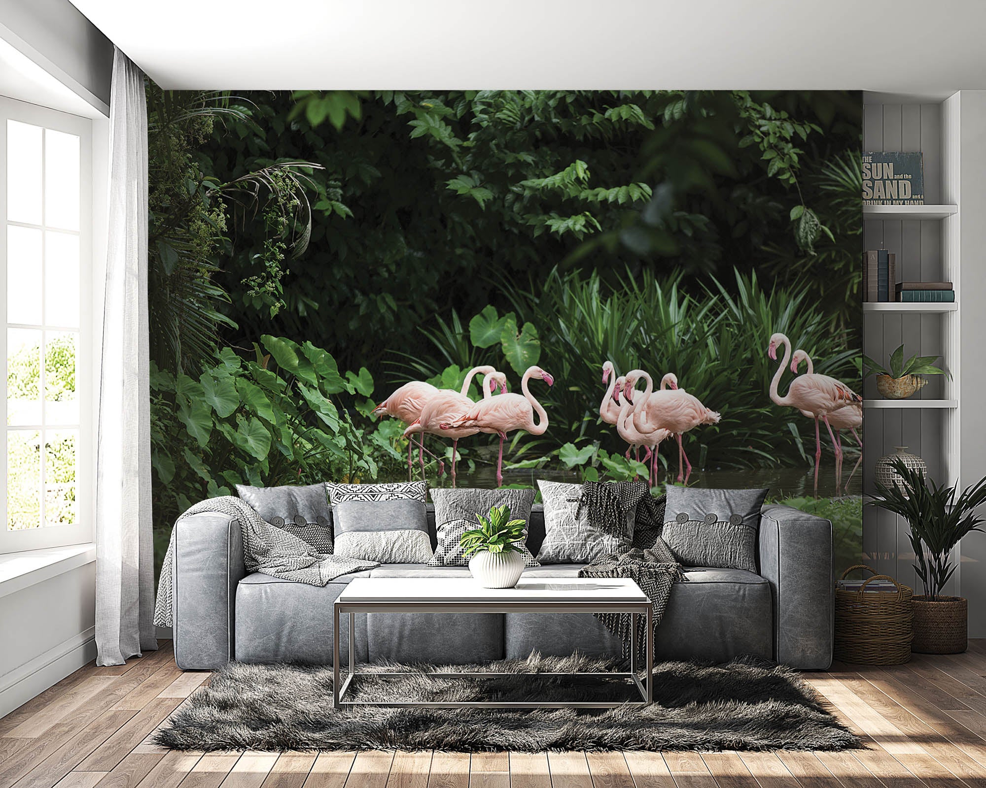 Flamingo's in groene omgeving - LW00173 Fotobehang