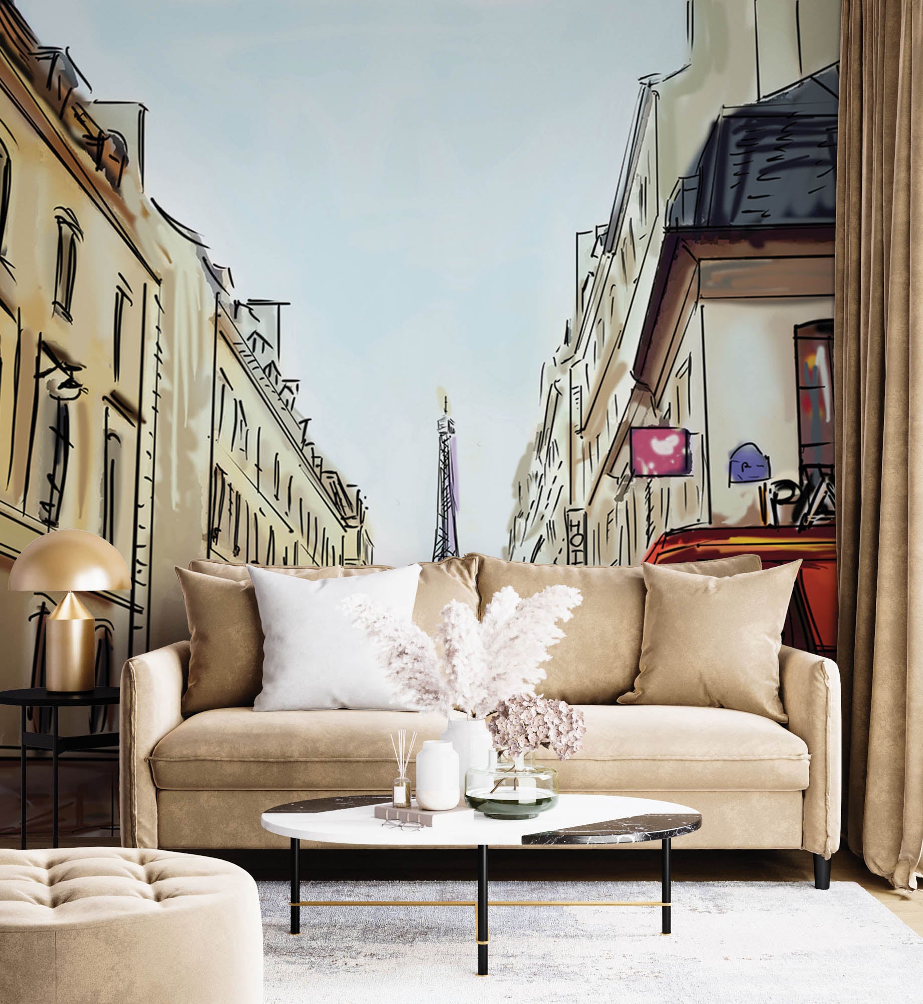 Getekende straat met uitzicht op de Eifeltoren - LW00357 Fotobehang