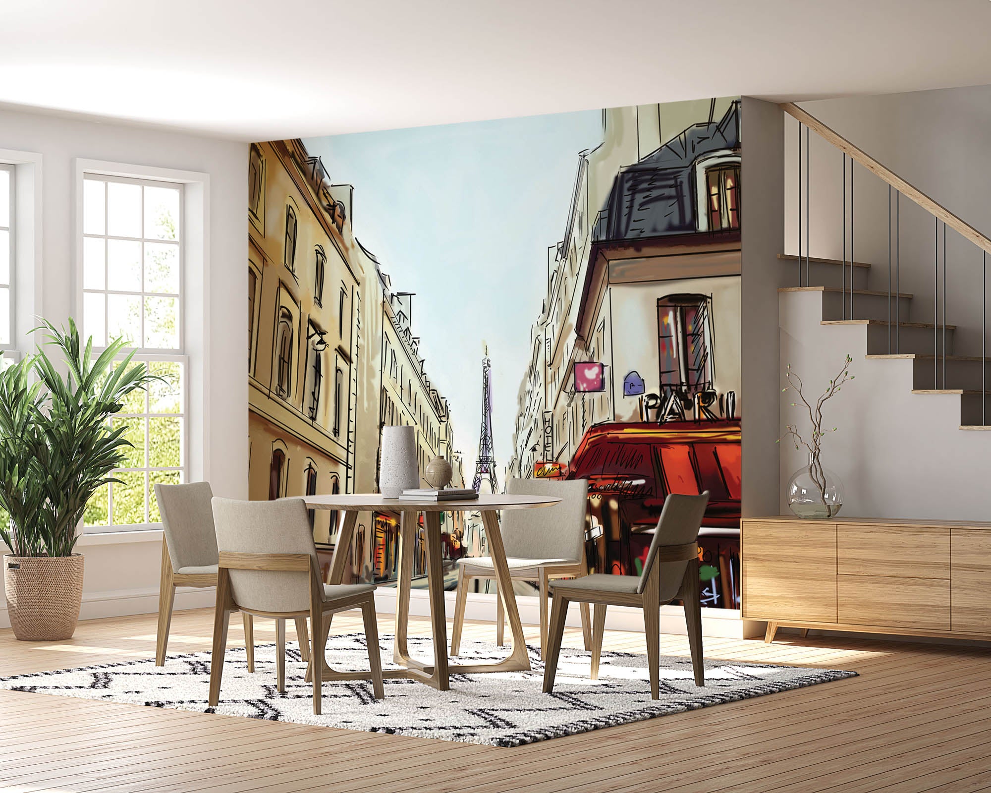 Getekende straat met uitzicht op de Eifeltoren - LW00357 Fotobehang