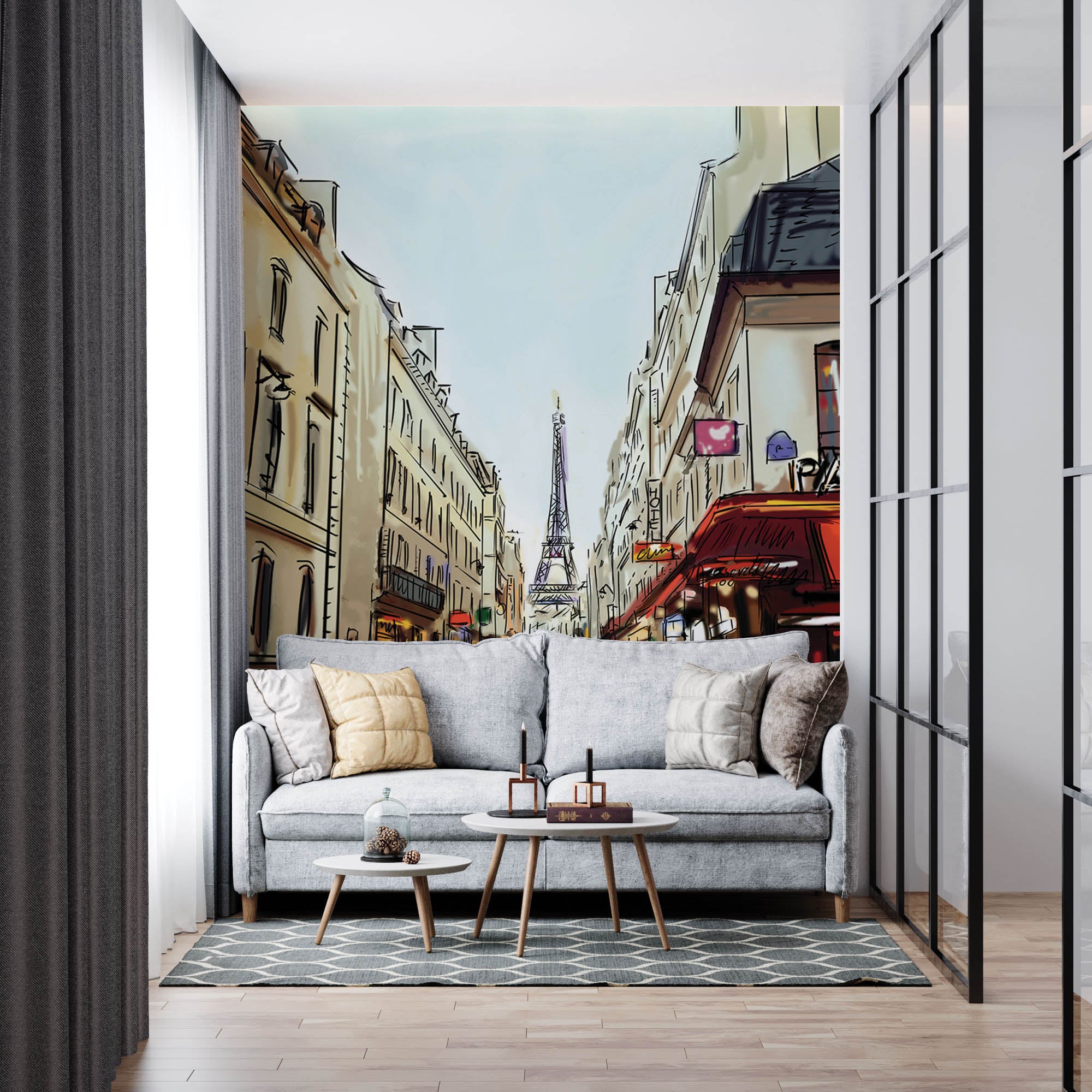 Getekende straat met uitzicht op de Eifeltoren - LW00357 Fotobehang