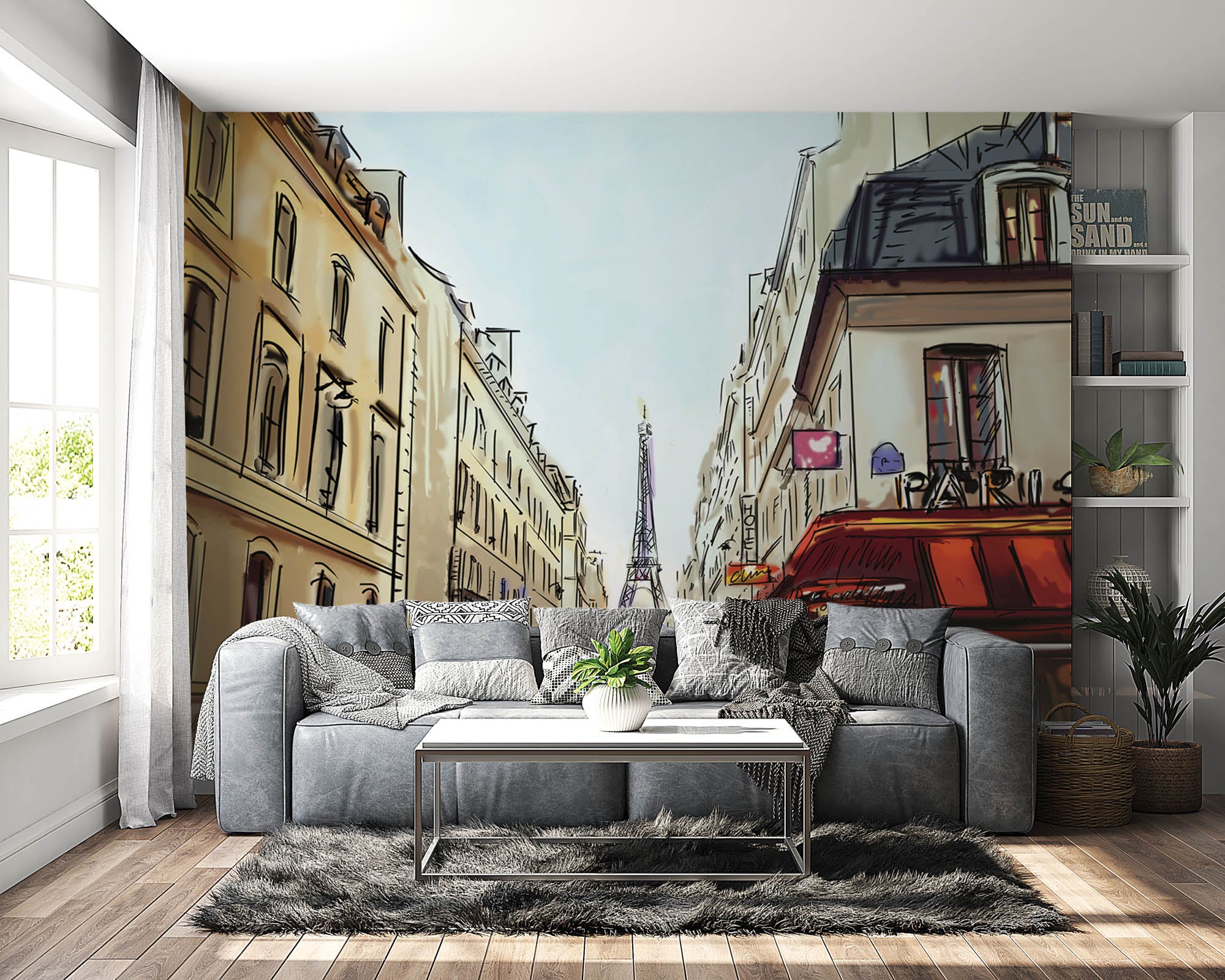 Getekende straat met uitzicht op de Eifeltoren - LW00357 Fotobehang