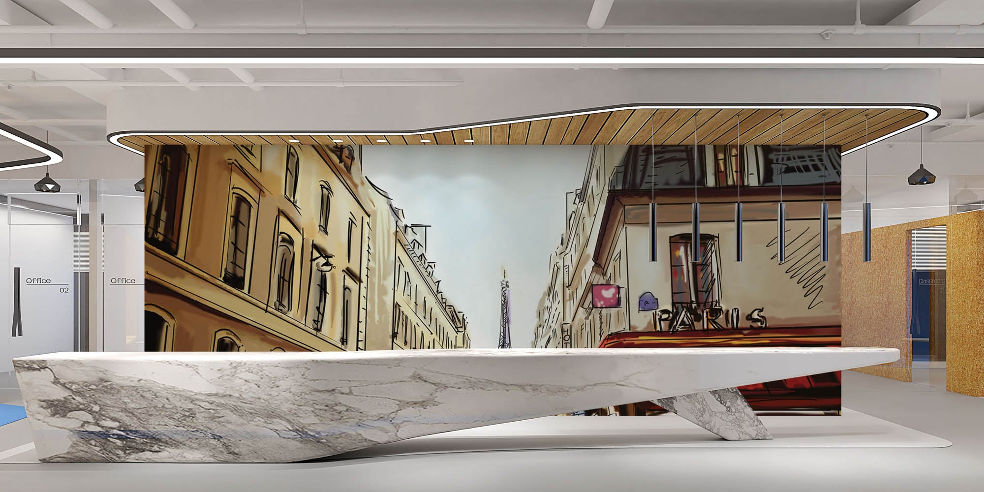 Getekende straat met uitzicht op de Eifeltoren - LW00357 Fotobehang