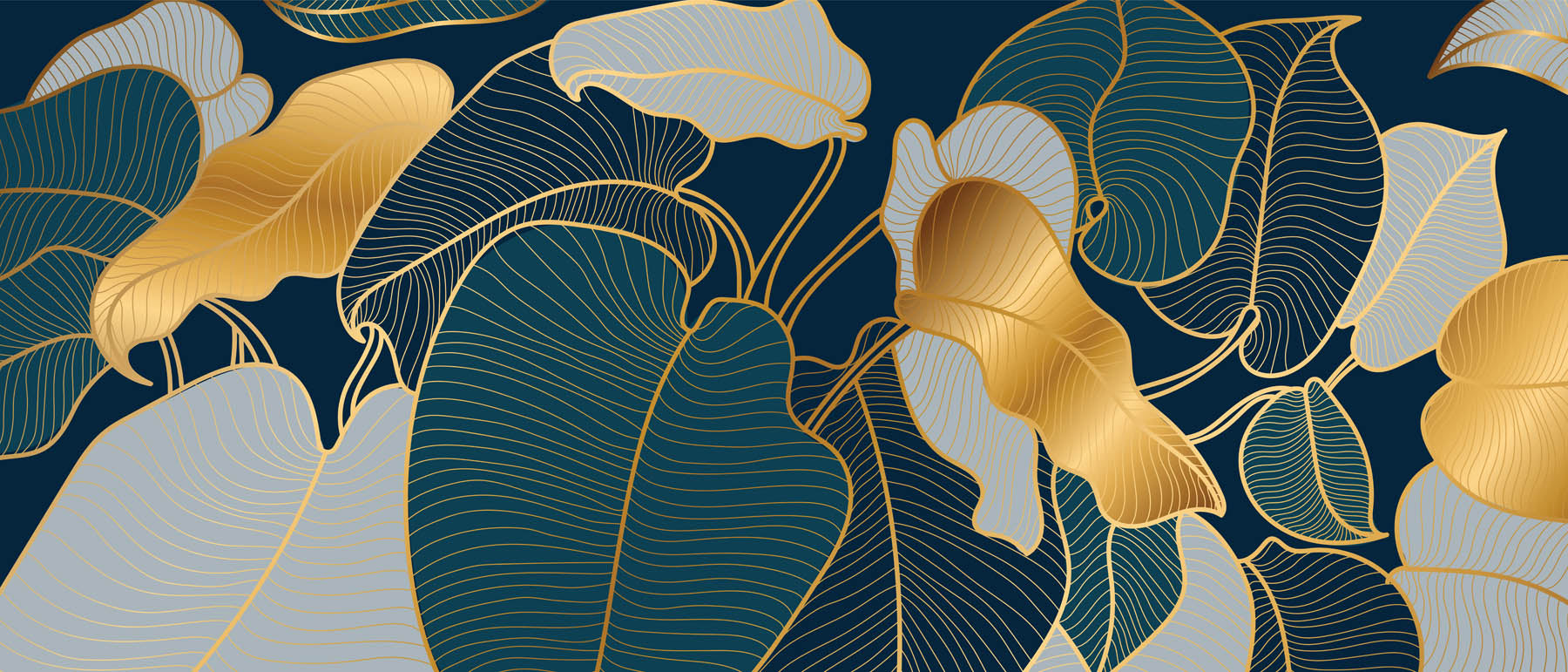 Gouden Bladeren op Donkerblauwe Achtergrond - LW00633 Fotobehang