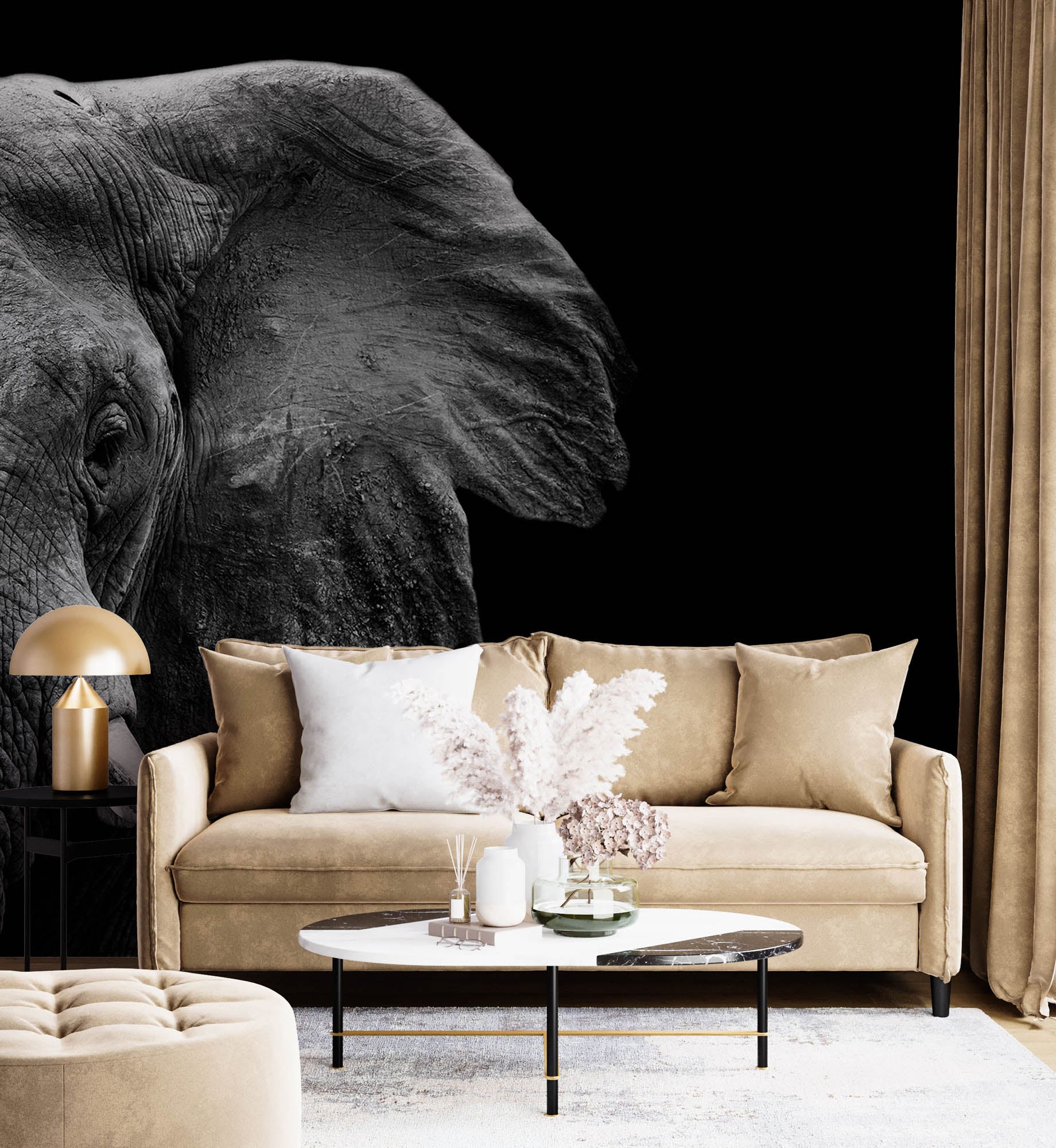 Half beeld van olifantenhoofd  in zwart-wit - LW00231 Fotobehang