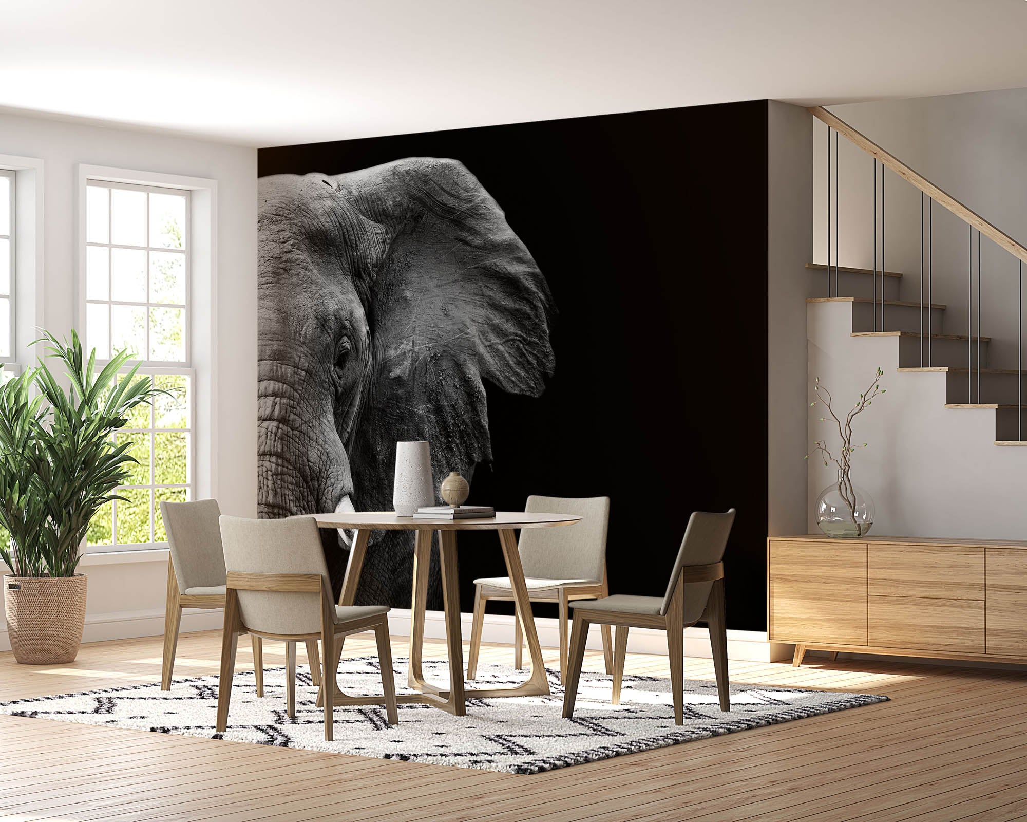 Half beeld van olifantenhoofd  in zwart-wit - LW00231 Fotobehang