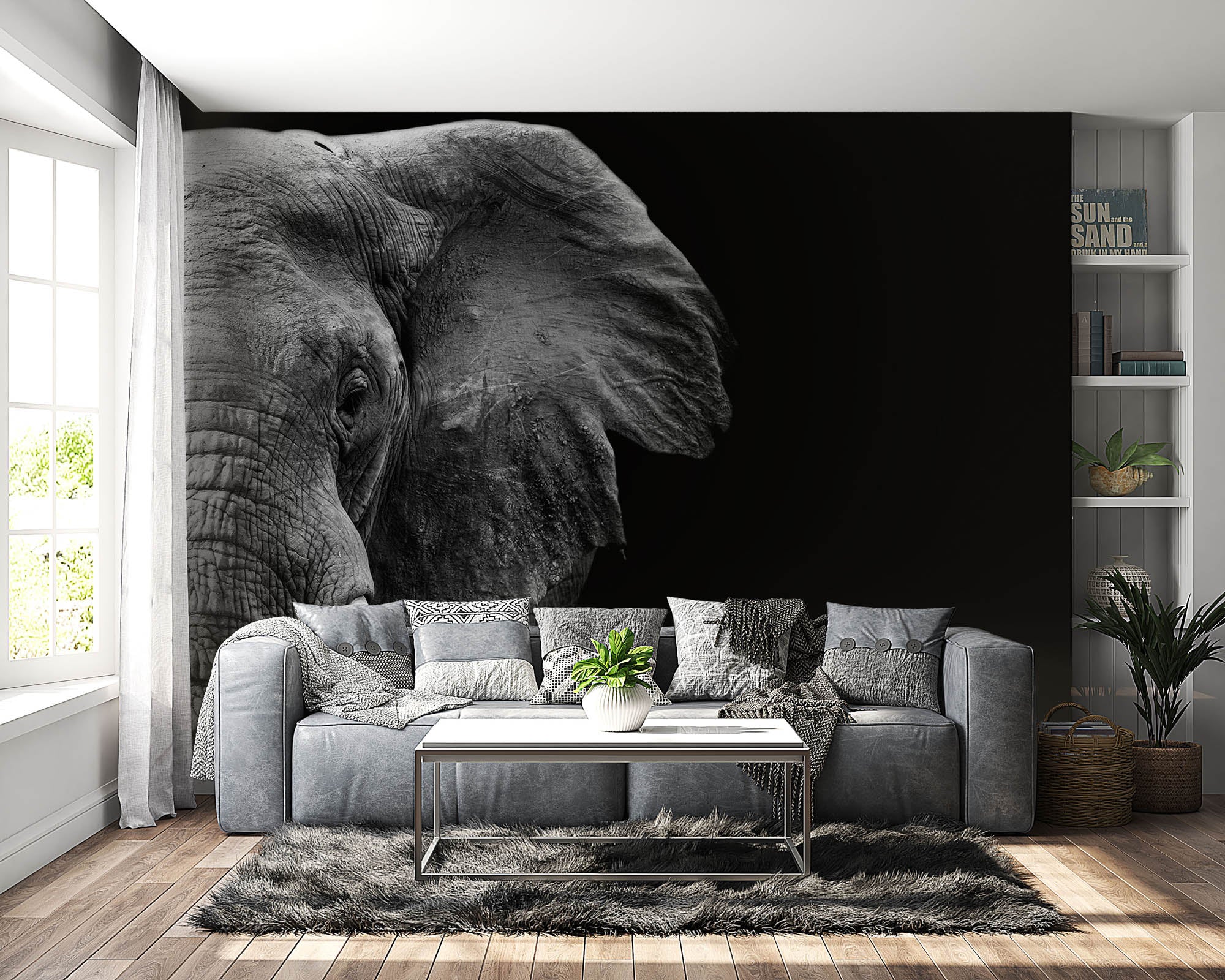 Half beeld van olifantenhoofd  in zwart-wit - LW00231 Fotobehang