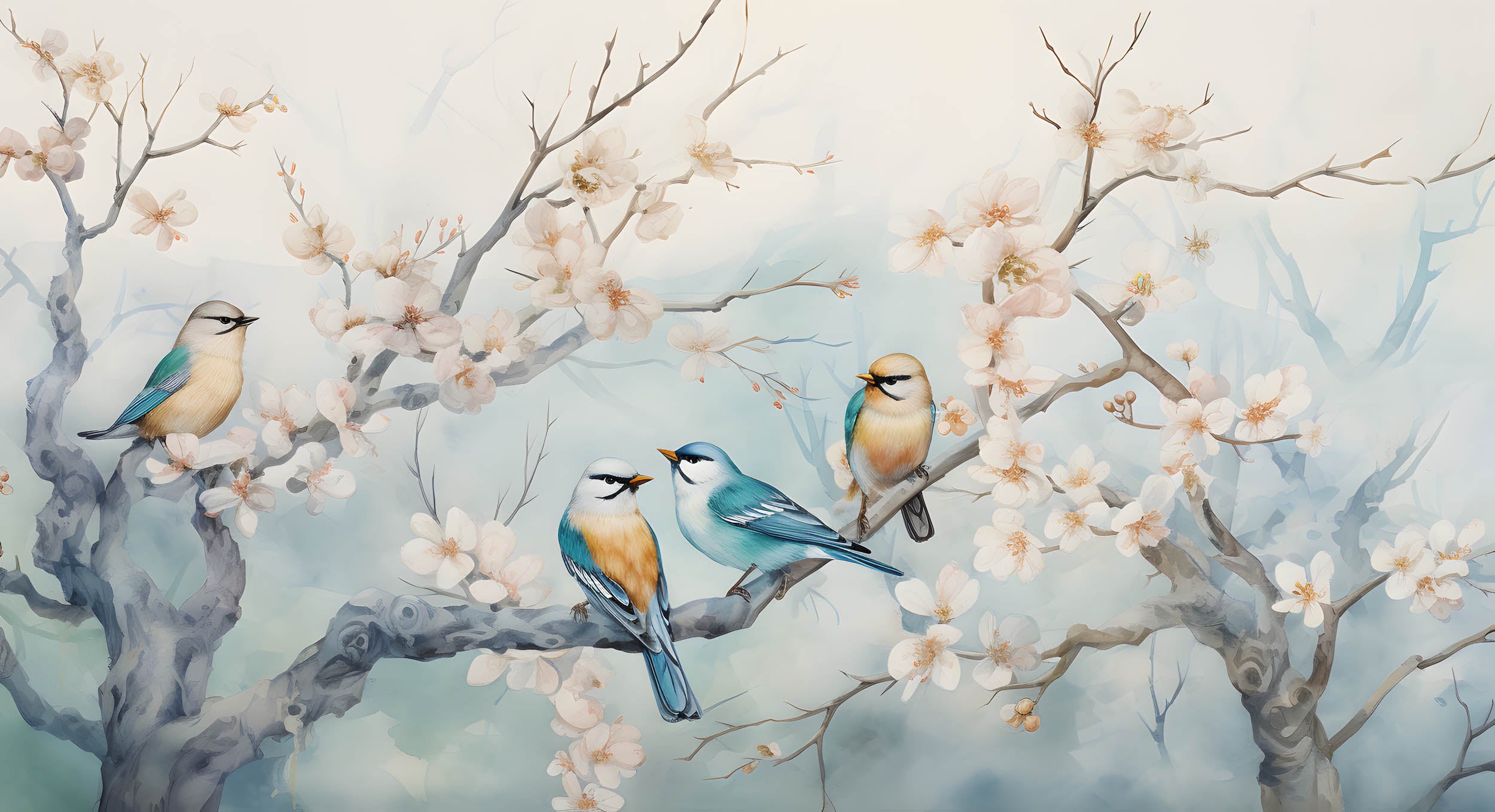 Illustratie van Vogels op Bloesemtakken - LW00839 Fotobehang