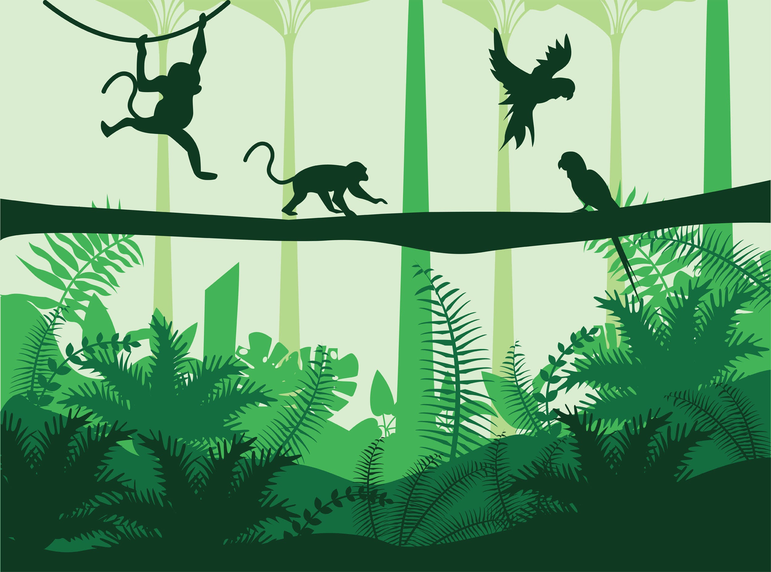 Jungle Silhouetten met Apen en Papegaaien - LW00863 Fotobehang