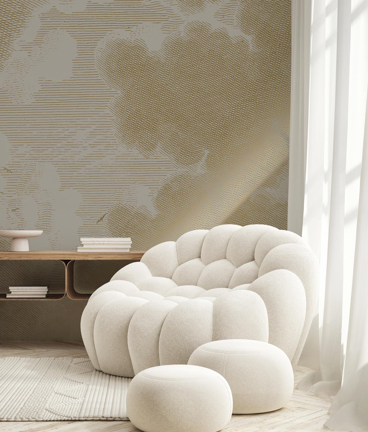 KEK Amsterdam Gold Metallic Engraved Clouds MW-185 - 4 Sheets Behang