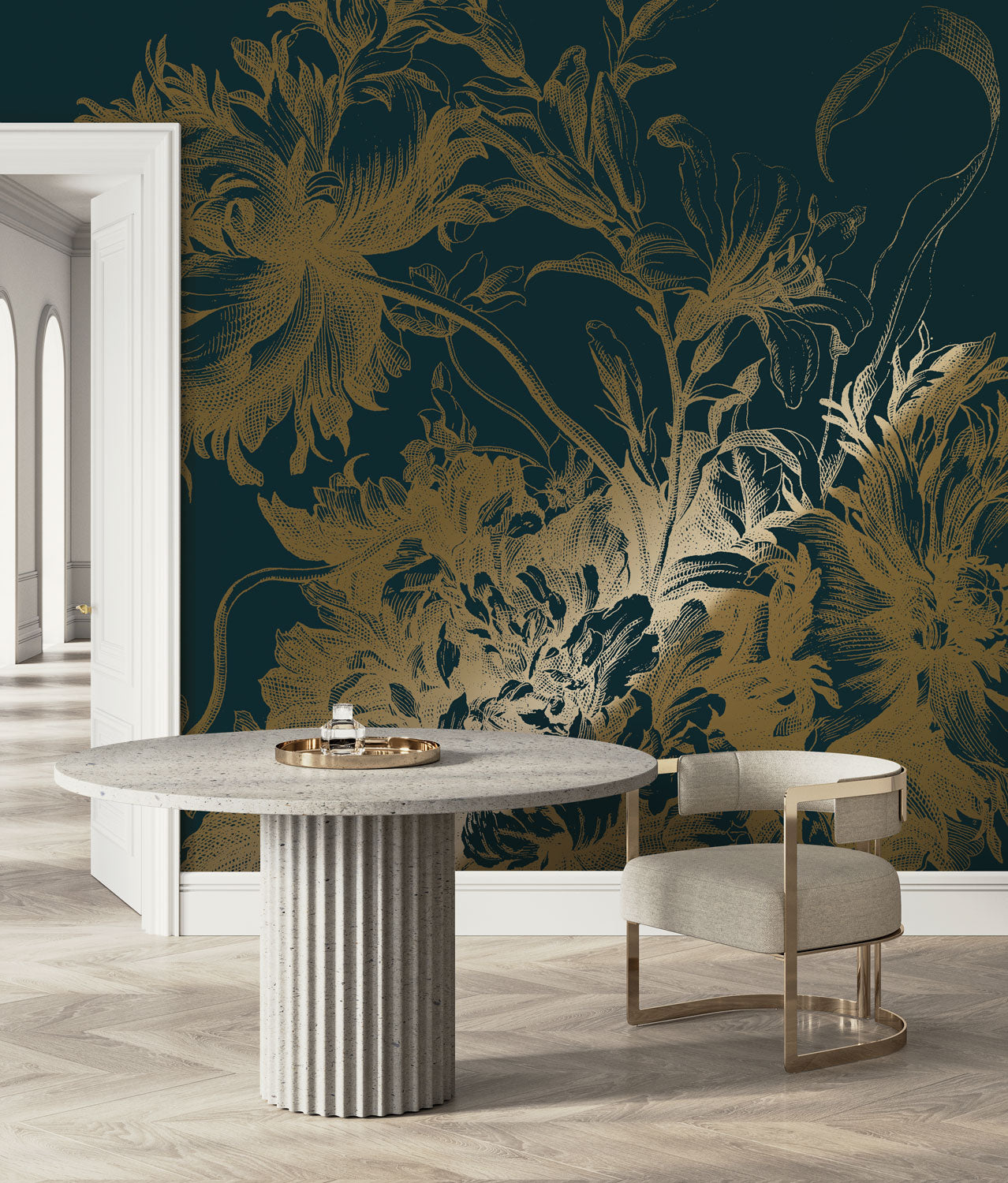 KEK Amsterdam Gold Metallic Engraved Flowers MW-013 - 4 Sheets Behang