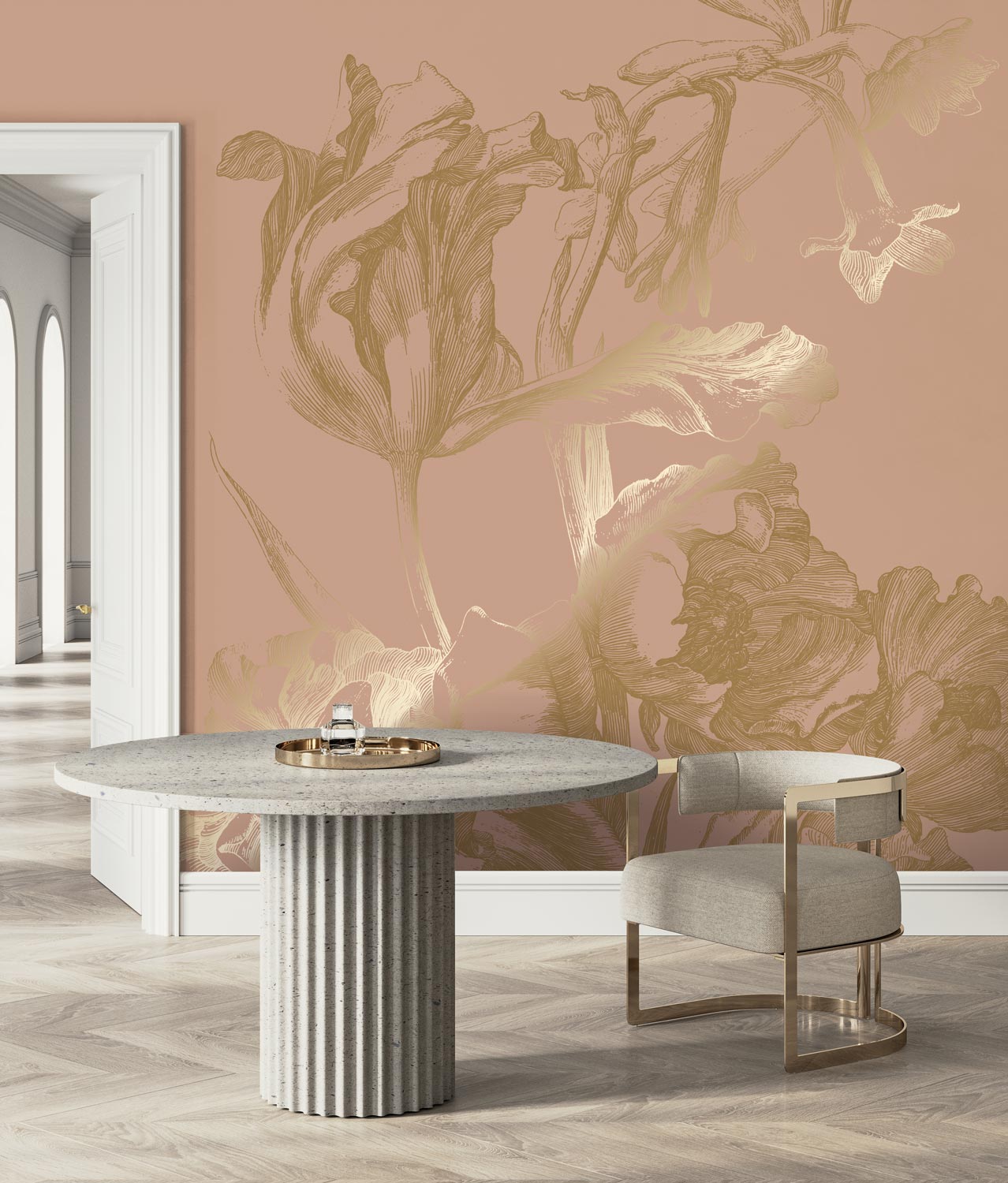 KEK Amsterdam Gold Metallic Engraved Flowers MW-022 - 4 Sheets Behang
