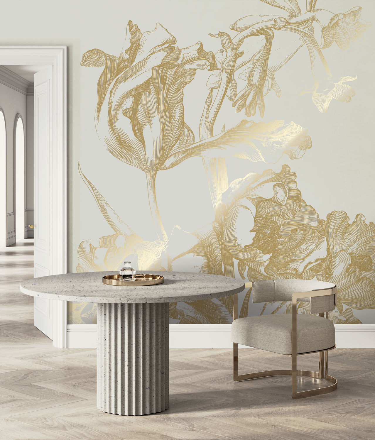 KEK Amsterdam Gold Metallic Engraved Flowers MW-125 - 4 Sheets Behang