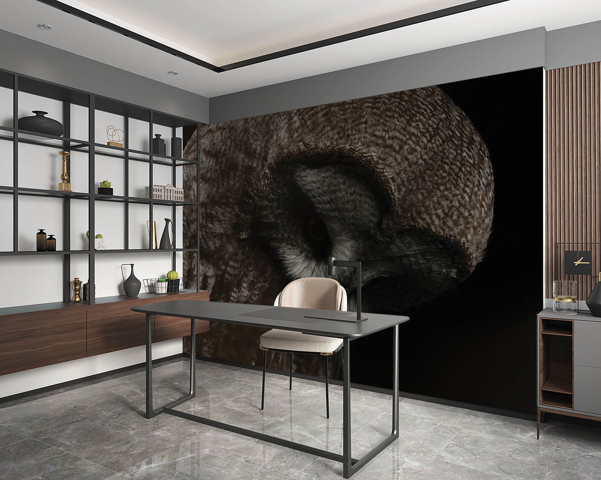 Kop van een grote grijze uil - LW00181 Fotobehang