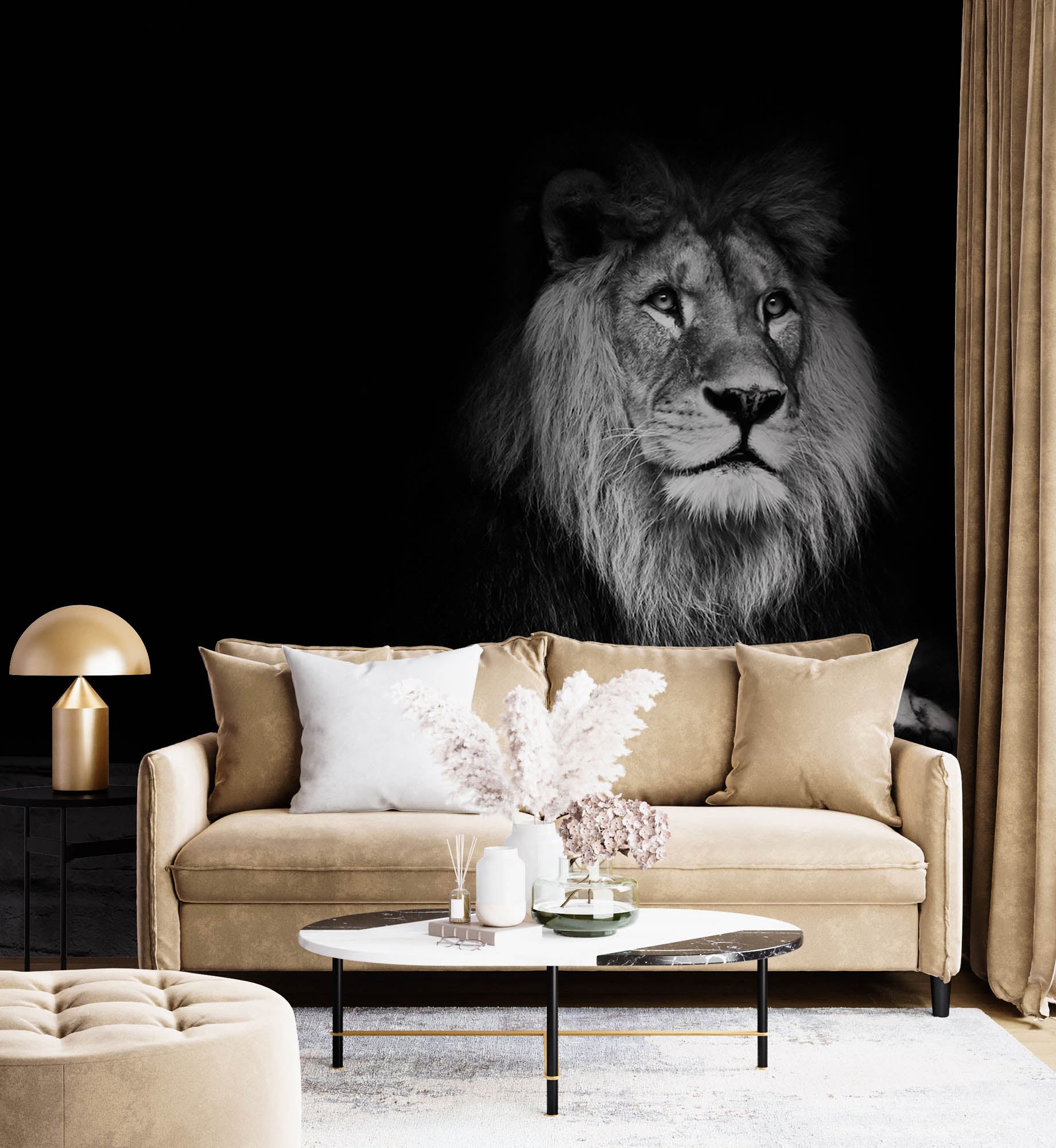 Leeuw hangend over houten balk   - LW00236 Fotobehang