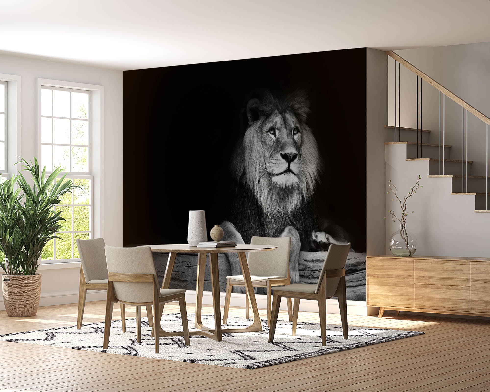 Leeuw hangend over houten balk   - LW00236 Fotobehang