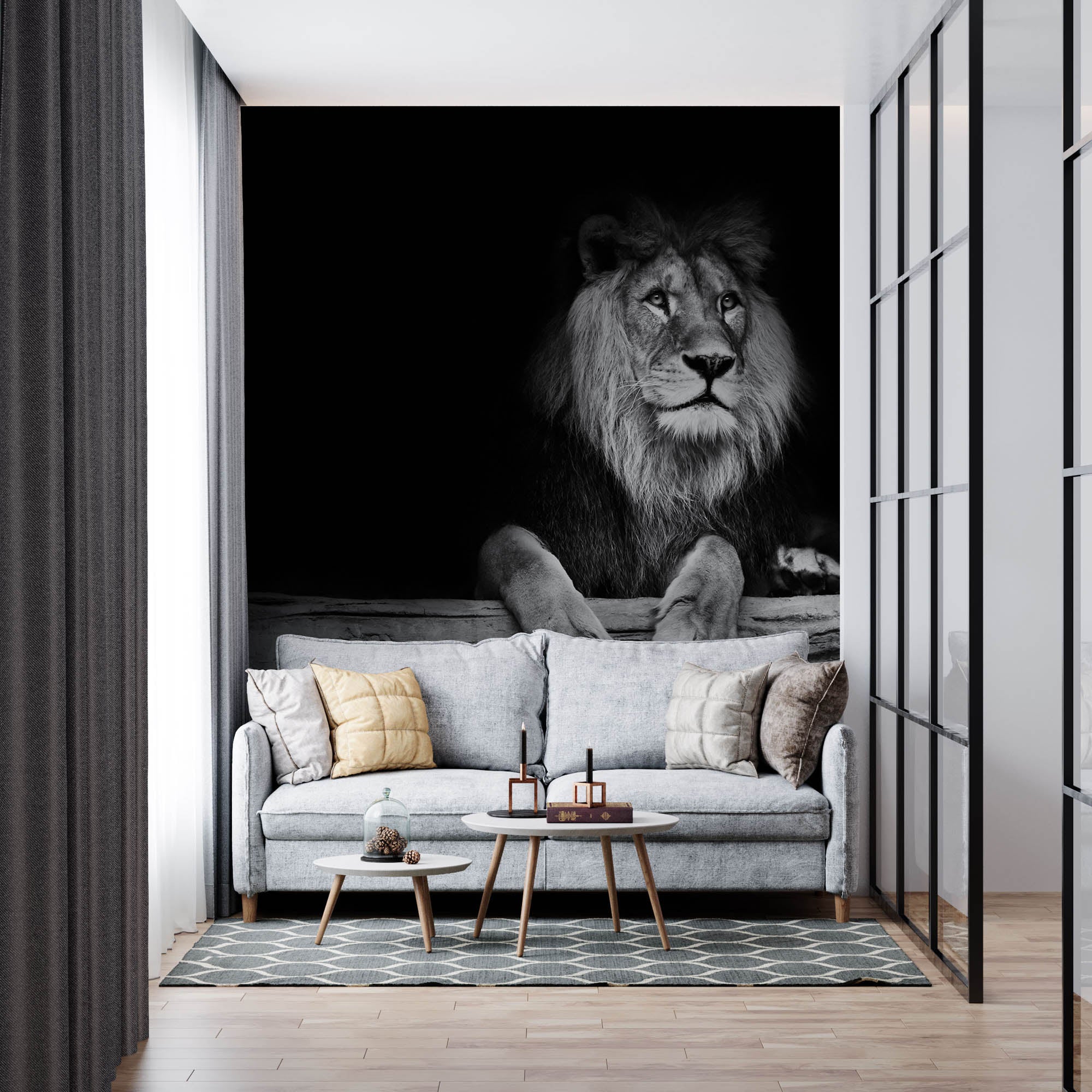 Leeuw hangend over houten balk   - LW00236 Fotobehang