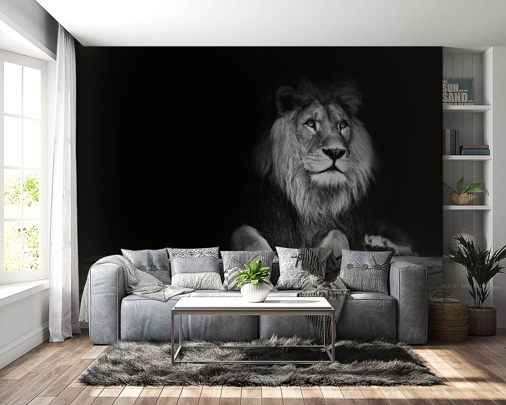 Leeuw hangend over houten balk   - LW00236 Fotobehang