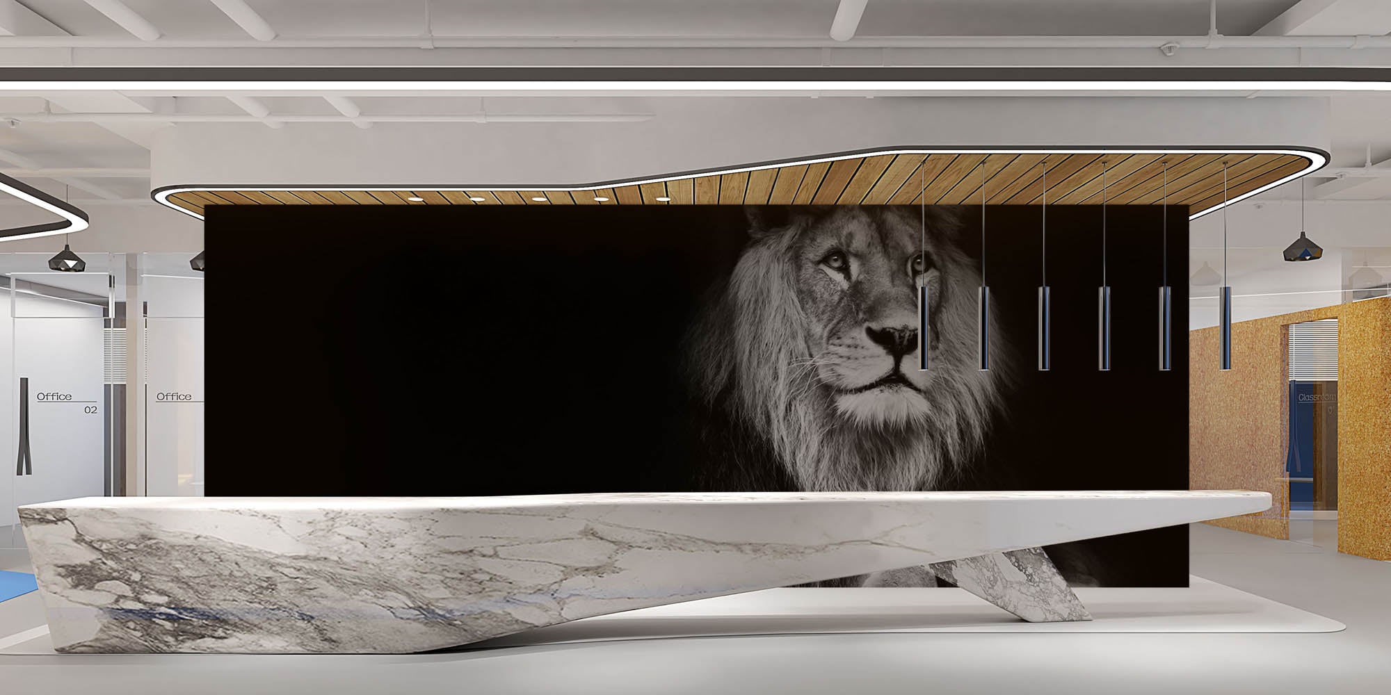 Leeuw hangend over houten balk   - LW00236 Fotobehang