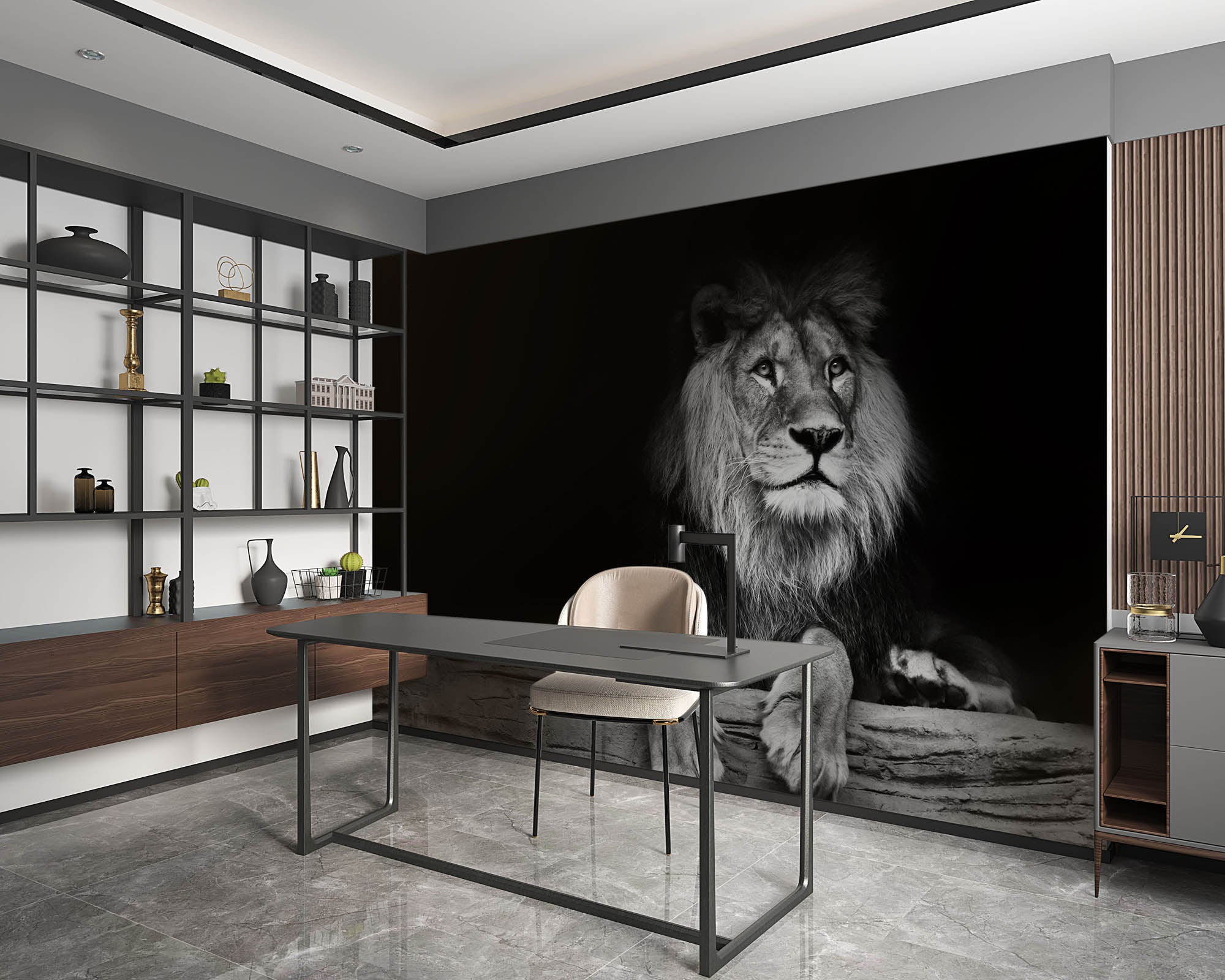 Leeuw hangend over houten balk   - LW00236 Fotobehang