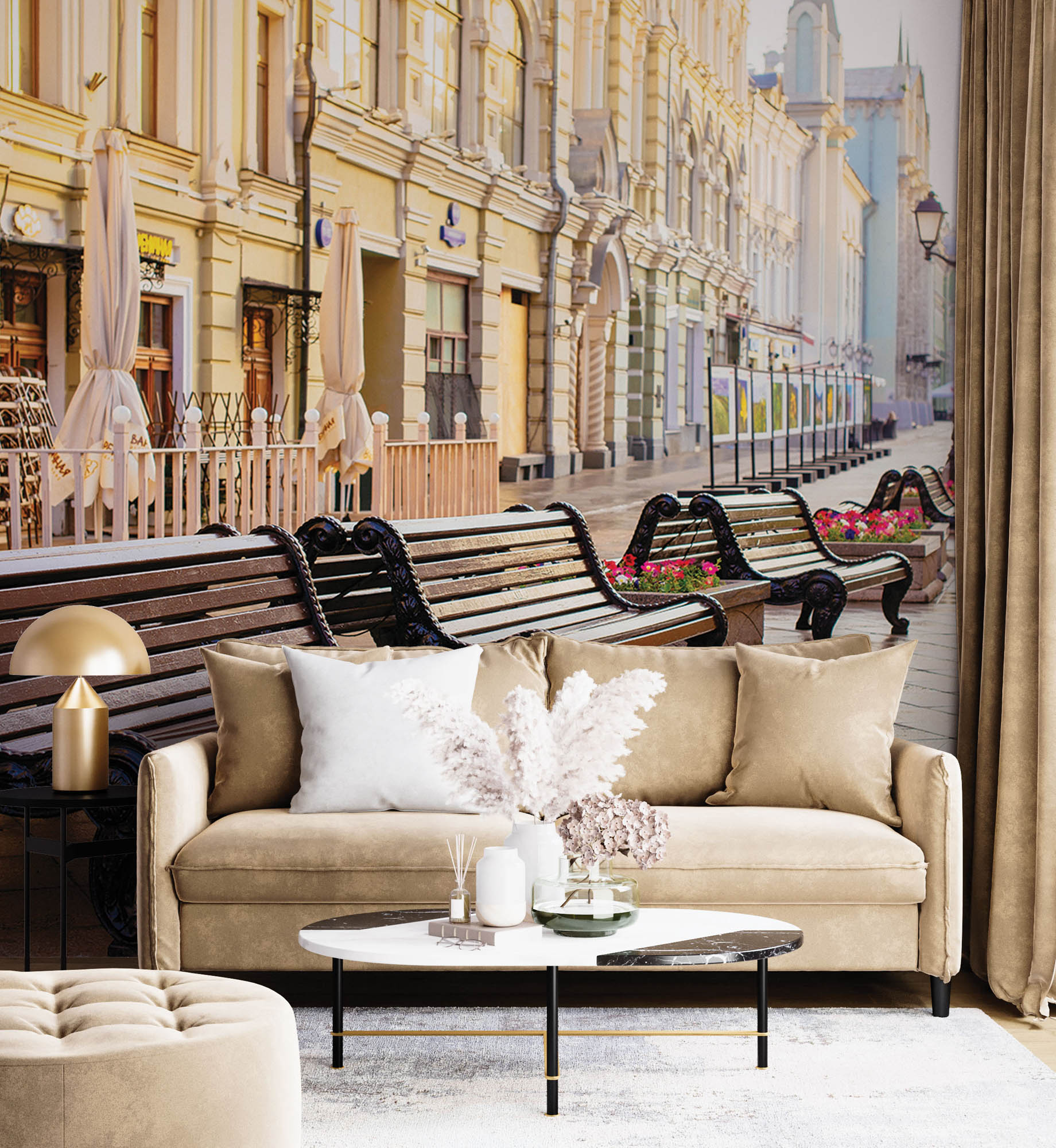 Lege straat met vele bankjes in Moskou  - LW00376 Fotobehang