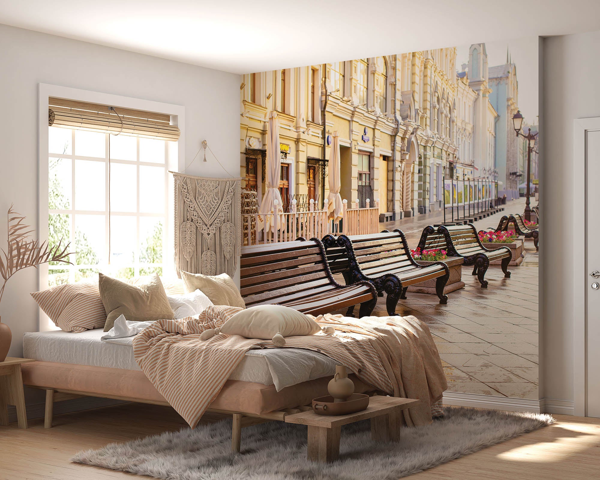 Lege straat met vele bankjes in Moskou  - LW00376 Fotobehang